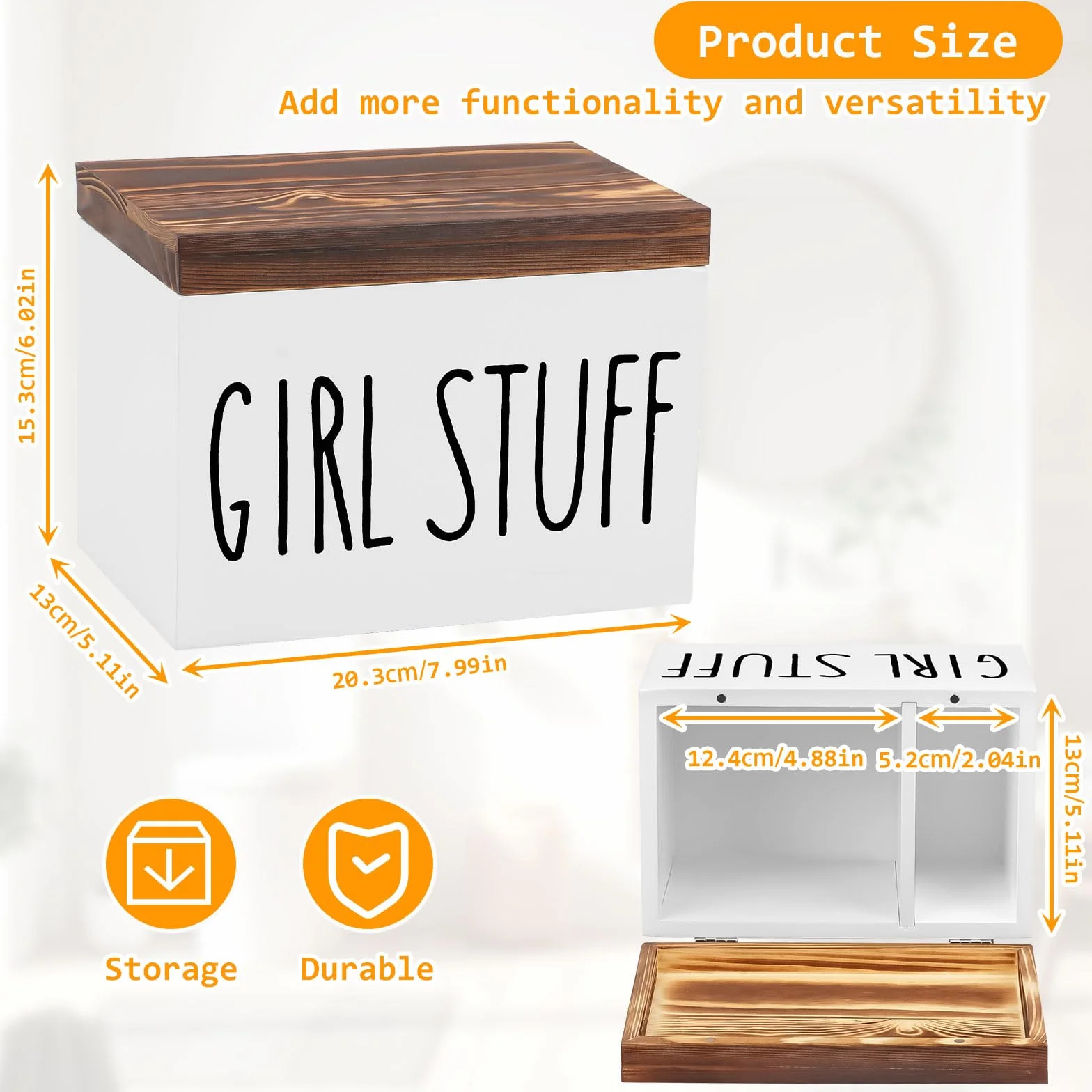 Tefola Caja de almacenamiento para baño de madera, 2 compartimentos con tapa para tampones, compresas femeninas y toallas higiénicas, organizador de artículos de higiene