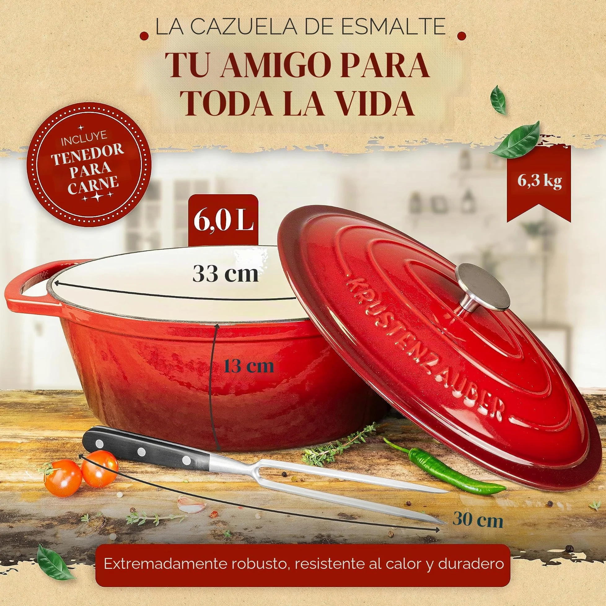 KRUSTENZAUBER Cacerola de hierro fundido con tapa, 33 cm, apta para horno, incluye tenedor de carne, 6 l, esmaltado, olla XL de hierro fundido, olla ideal para cocinar Kazan, para inducción, ovalada