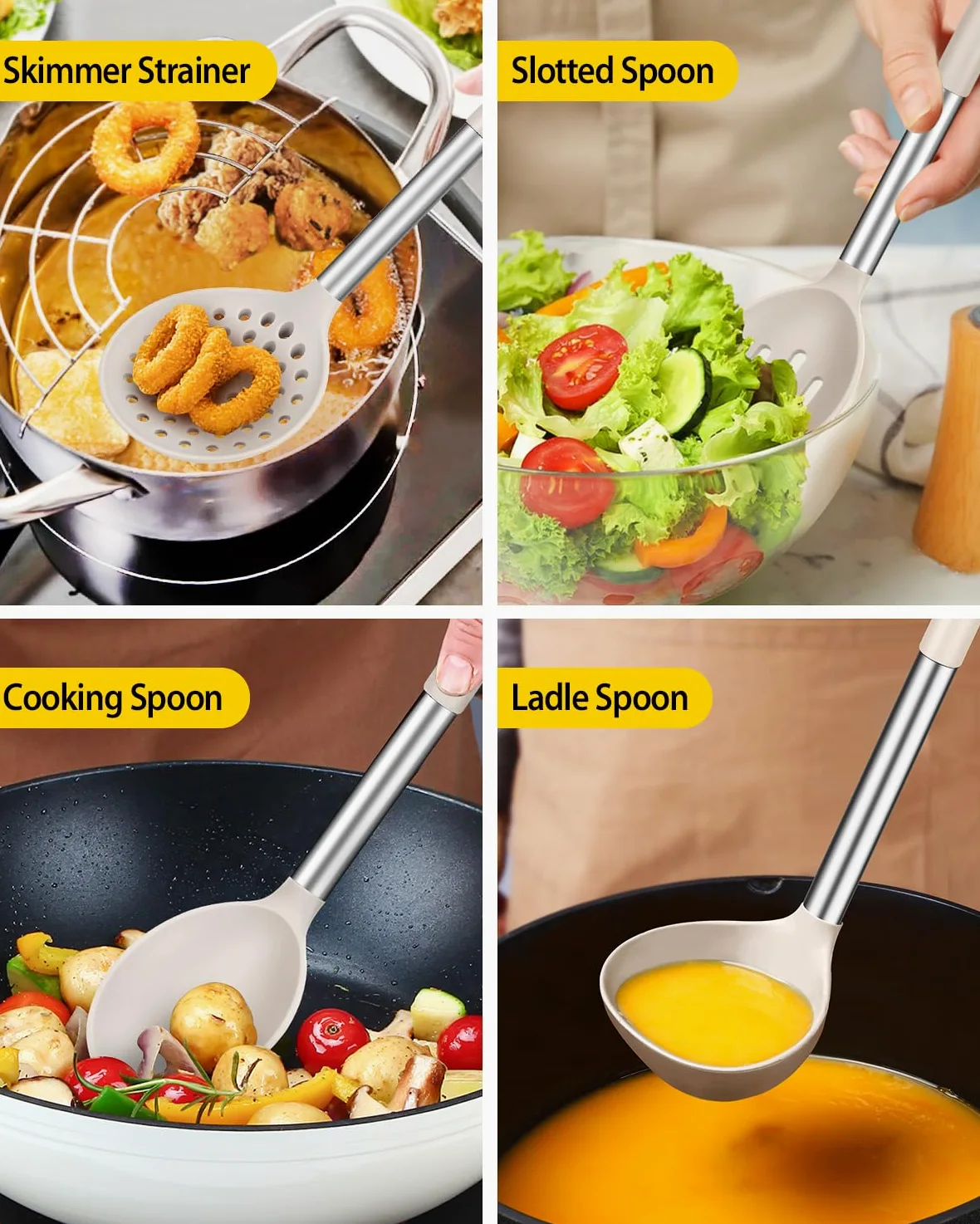 Juego de utensilios de cocina de silicona, 8 utensilios de cocina antiadherentes con mango de acero inoxidable, sin BPA, herramientas de cocina resistentes al calor con espátulas, volteadores,