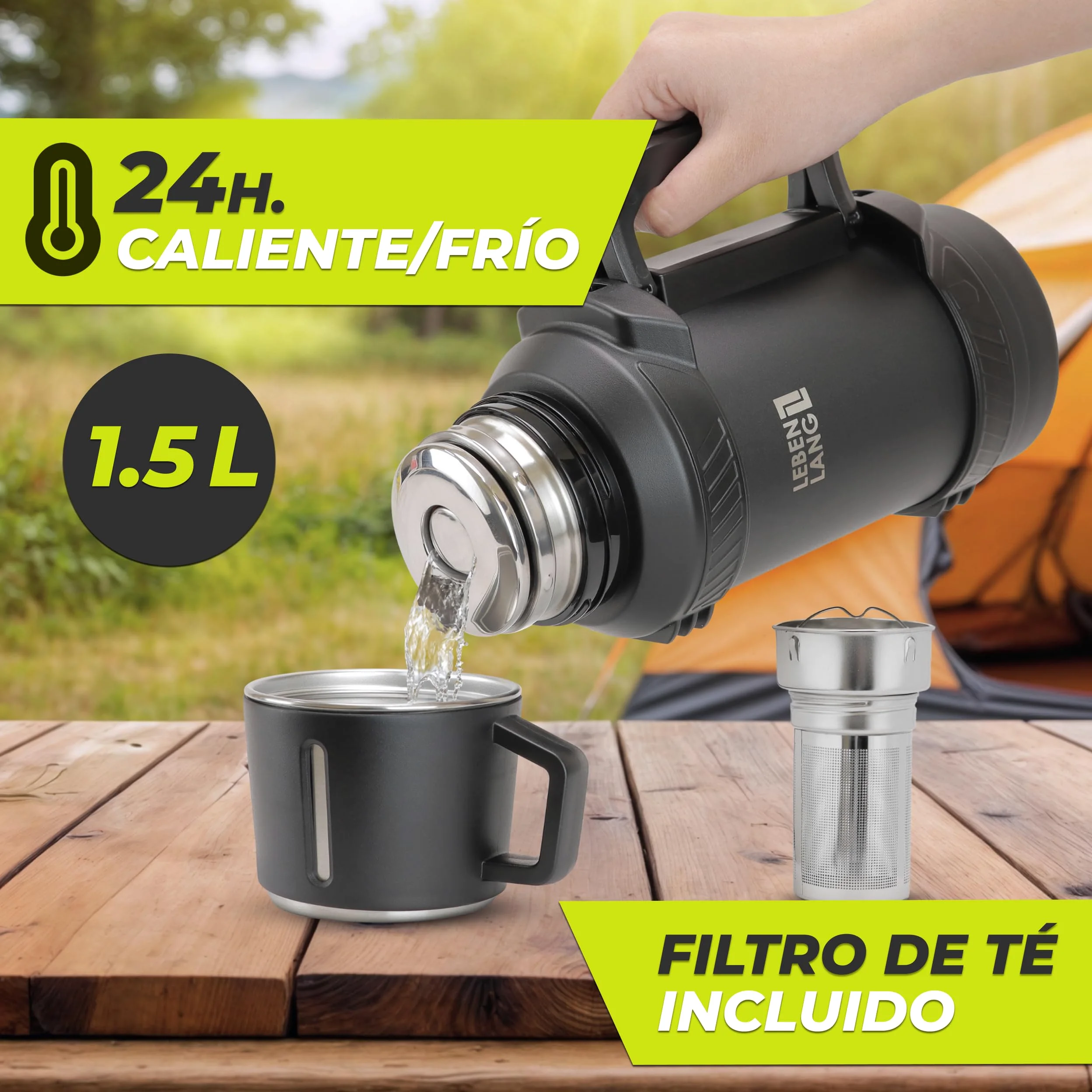 LEBENLANG Termo café de 1,5 litros - 24 horas de calor & Incl. vaso | Termos mate liquidos Botella termica fria 1 5 L montaña para cafe Thermos bottle agua calientes I filtro para té & bandolera