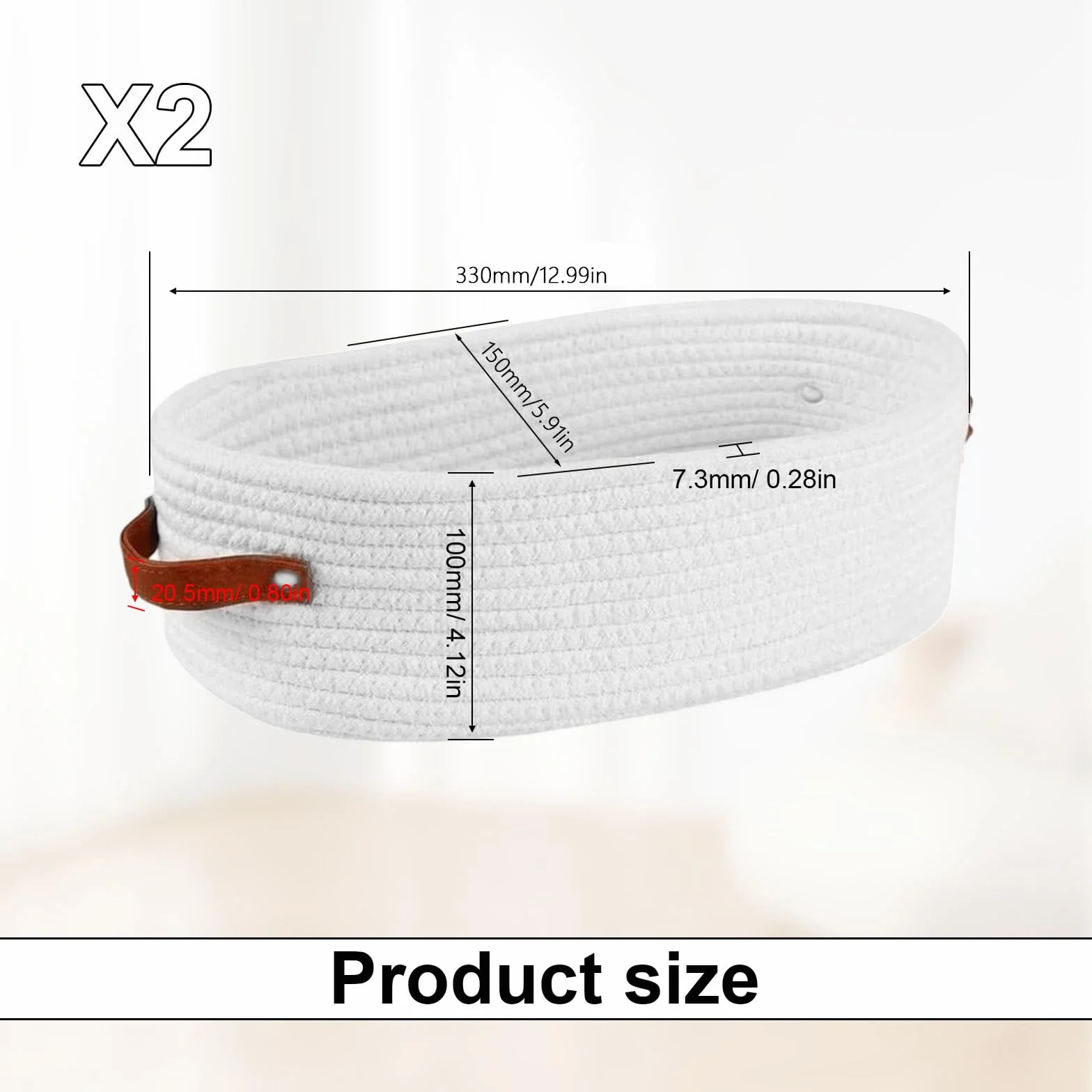Cesta de Almacenaje Tejida de Cuerda de Algodón 33×15×10 cm con Asas de Cuero para Baño, Cocina, Estantería (Blanco)