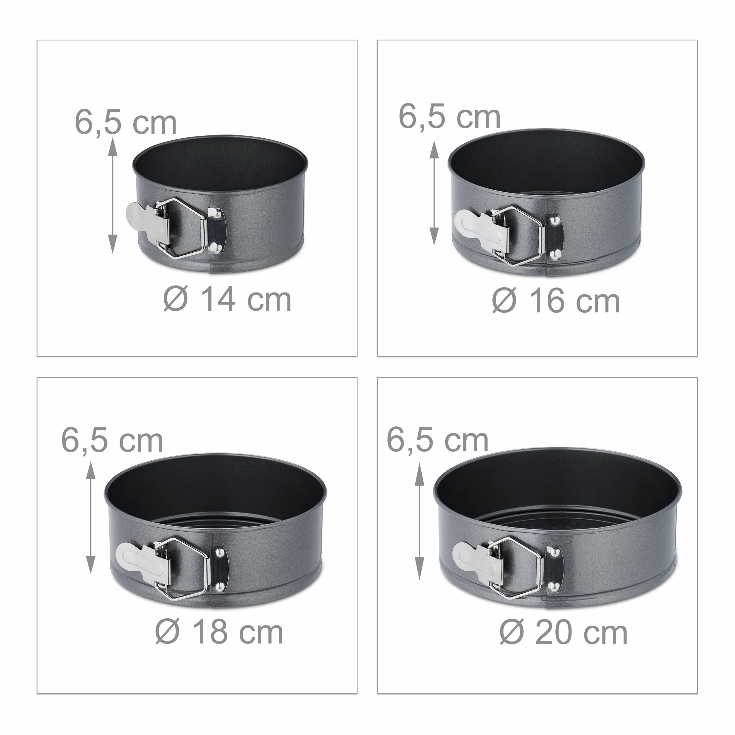 Relaxdays Set Moldes Bizcocho, 7 Bizcocheras Redondas, 14/16/18/20/24/26/28 cm, Acero INOX., Antiadherentes, Antracita