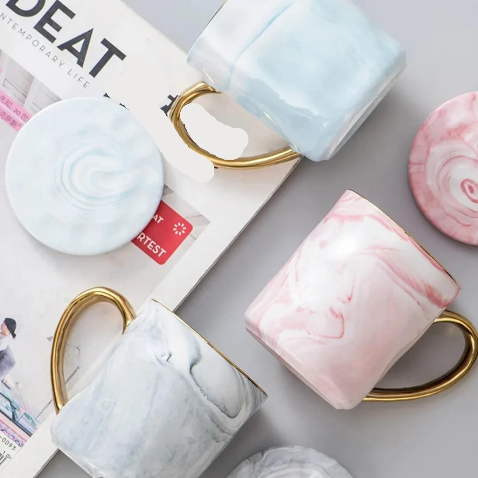 Taza de cerámica de 400ml, taza de café con borde dorado, taza de leche for té de avena for desayuno de aniversario de pareja, 1/2 Uds. Para Boda(2pcs pink blue)