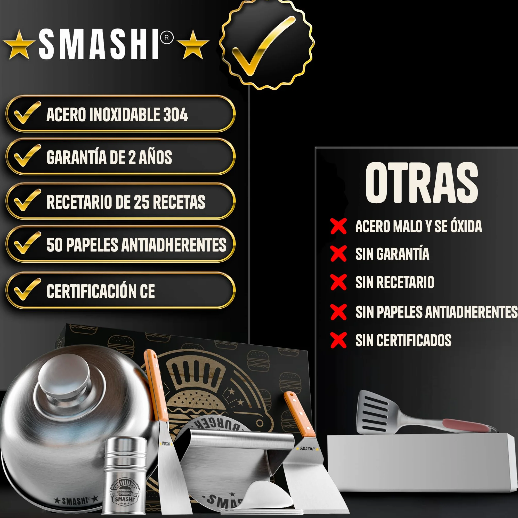 SMASHI® Smash Burger Kit Profesional Acero Inoxidable 304 Certificado EU Contacto Alimentos | Prensa Hamburguesas + 2 Espátulas con Mango de Madera + Accesorios | Incluye 25 Recetas (AVANZADO)