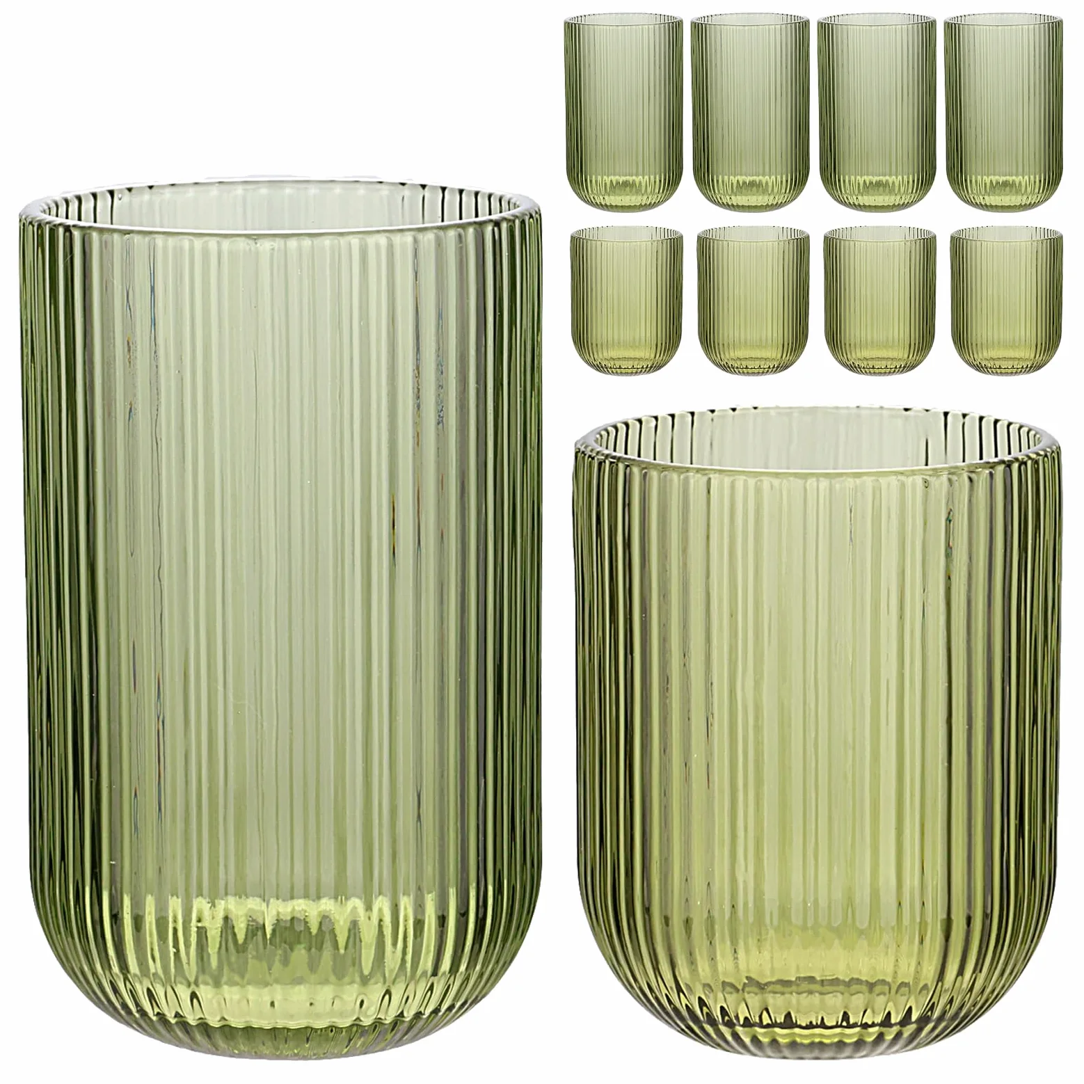 Juego de 8 vasos de cristal acanalados, 4 vasos altos de 14 onzas y 4 vasos de 9 onzas, verde, estilo origami, diseño estriado, para cerveza, agua, cóctel, jugo, whisky, regalo