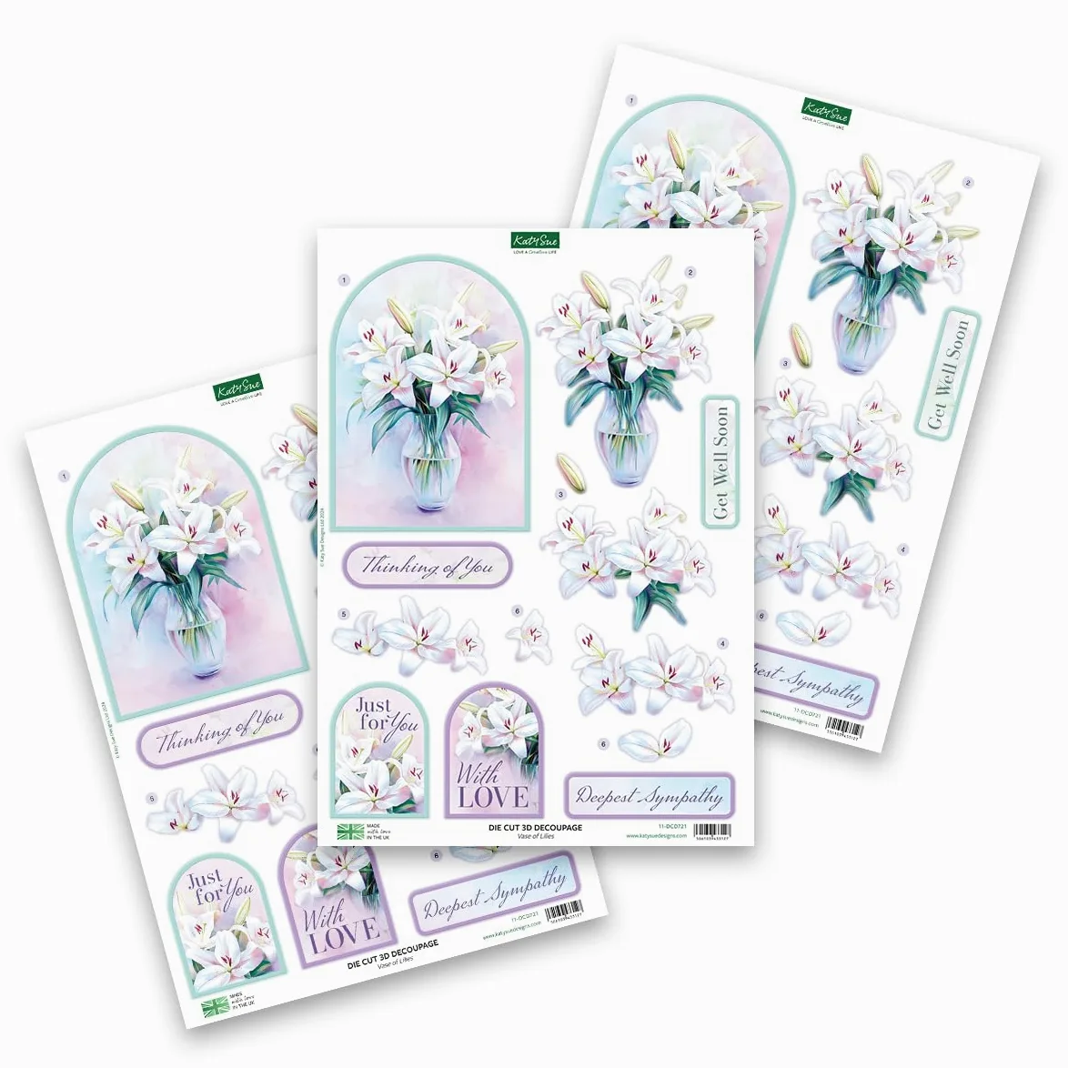 Katy Sue Thinking of You - Paquete de decoupage troquelado 3D. Un paquete de 12 hojas de troqueles para suministros de fabricación de tarjetas con lirios, lavanda, rosas y hortensias