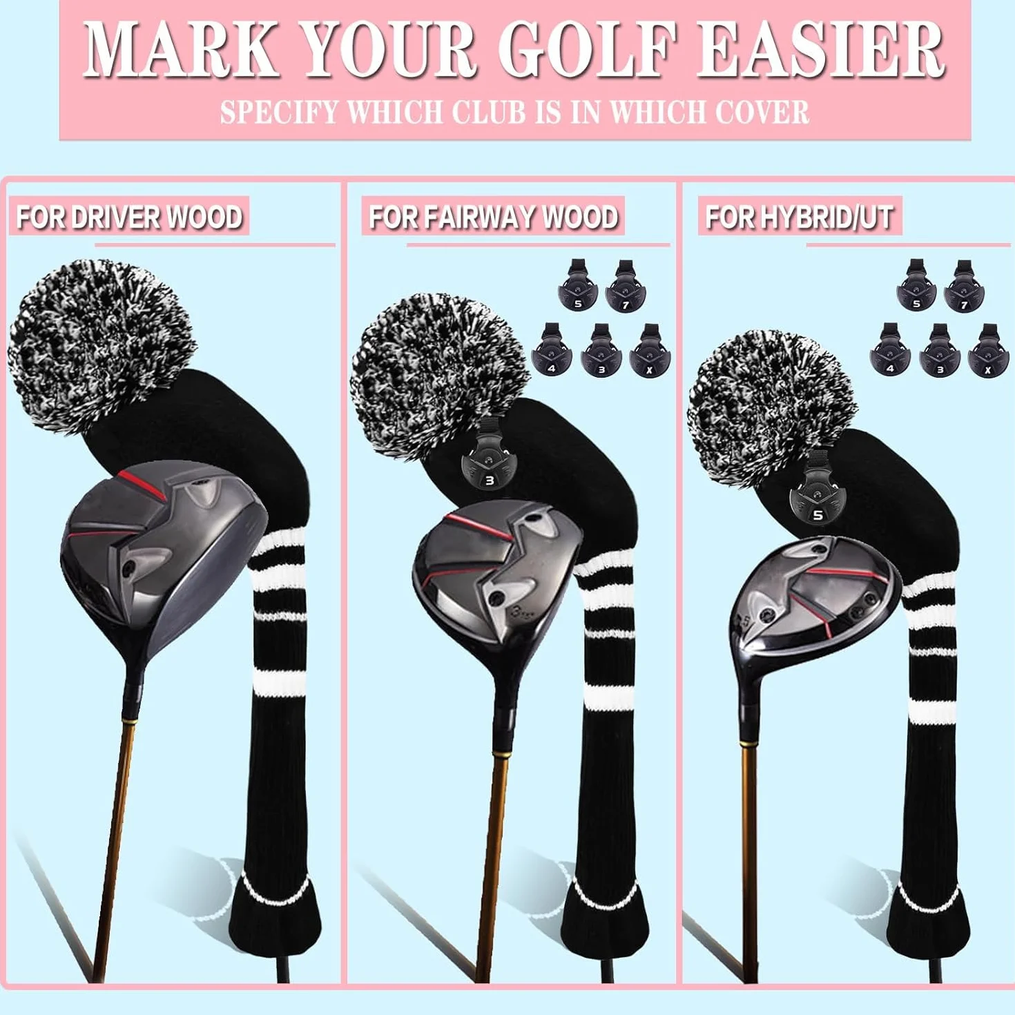 Fundas para Cabeza de Golf con Pompones Juego de 3 o 4 para Madera 1, 3, 5, Híbrido
