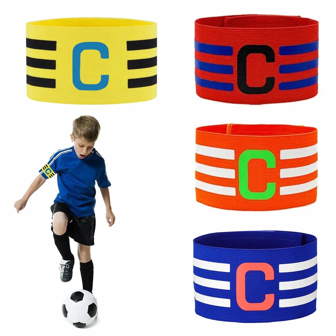 Jinsion 4 Piezas Brazaletes de Capitán de Fútbol Multicolor Ajustables Personalizado para Deportes de Pelota