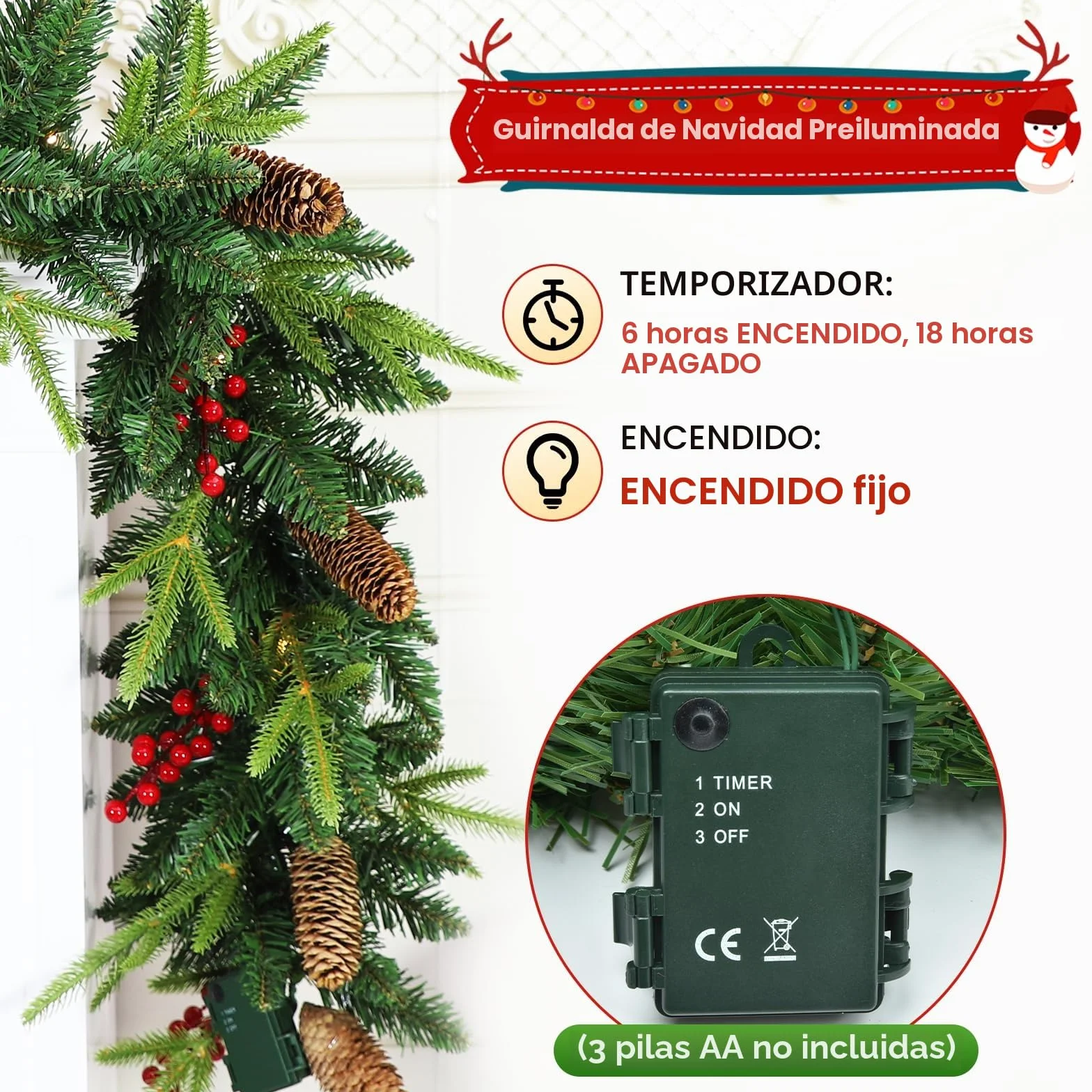 Guirnalda Navidad, 2.7M Guirnalda Navidad con Luces y 260 Puntas de Ramas, Guirnalda Navideña Impermeable con 30 LED y Temporizador para Escaleras, Chimenea, Puerta, Decoración de Interior/Exterior