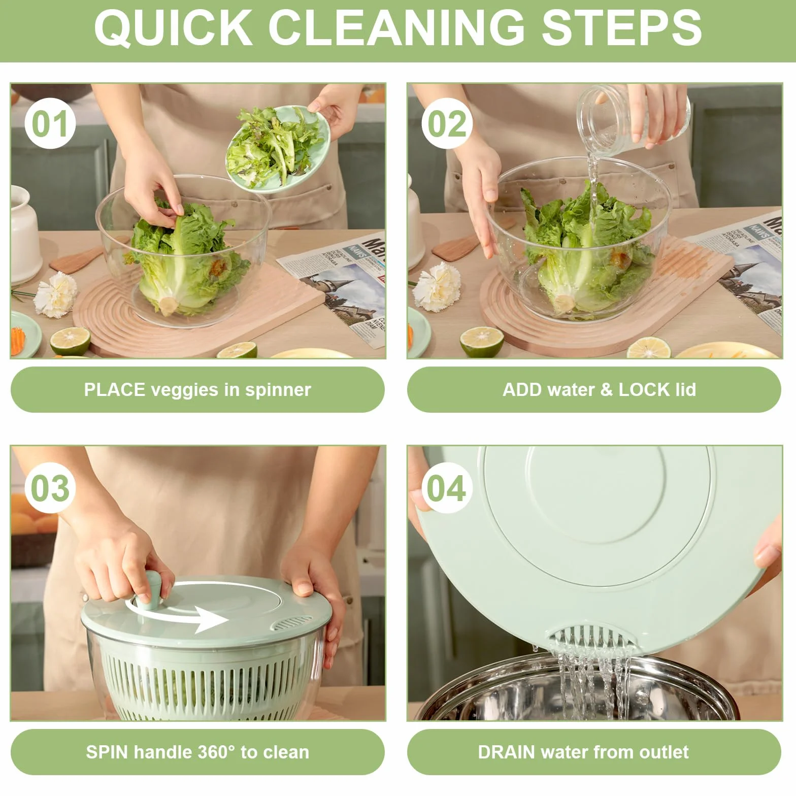 VINATO Centrifugadora Lechuga 4,5L, Mandolina de Cocina Multiusos, Escurridor Verduras para Lavar, Centrifugar y Cortar. Ensaladera con 5 Cuchillas + 1 Accesorio para Zumos.