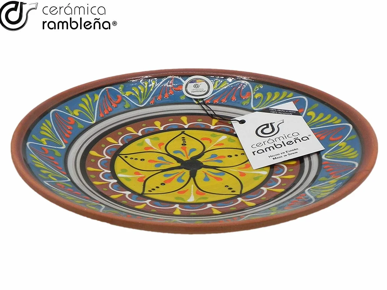 Plato Decorativo de Cerámica Mediterránea Azul-Blanco-Amarillo 28x28x4.5 cm Hecho a Mano