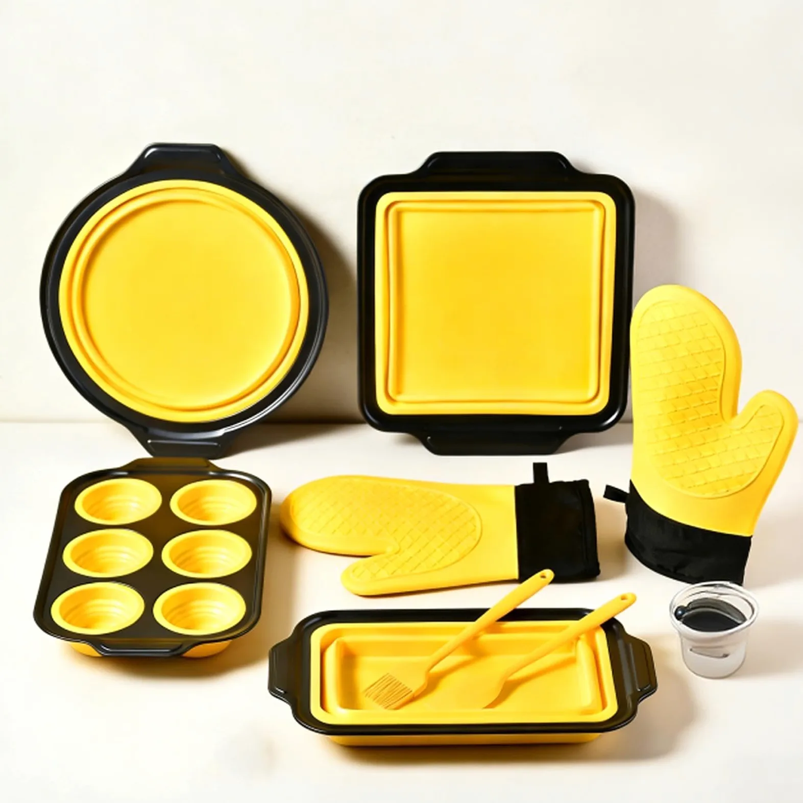 Juego de Moldes de Silicona para Hornear Vajilla Flexible para Hornear | con Guante, Rasqueta y Cepillo Set Apilable Resistente al Lavavajillas, para Magdalenas, Pan, Galletas, Cupcakes, Huevos,