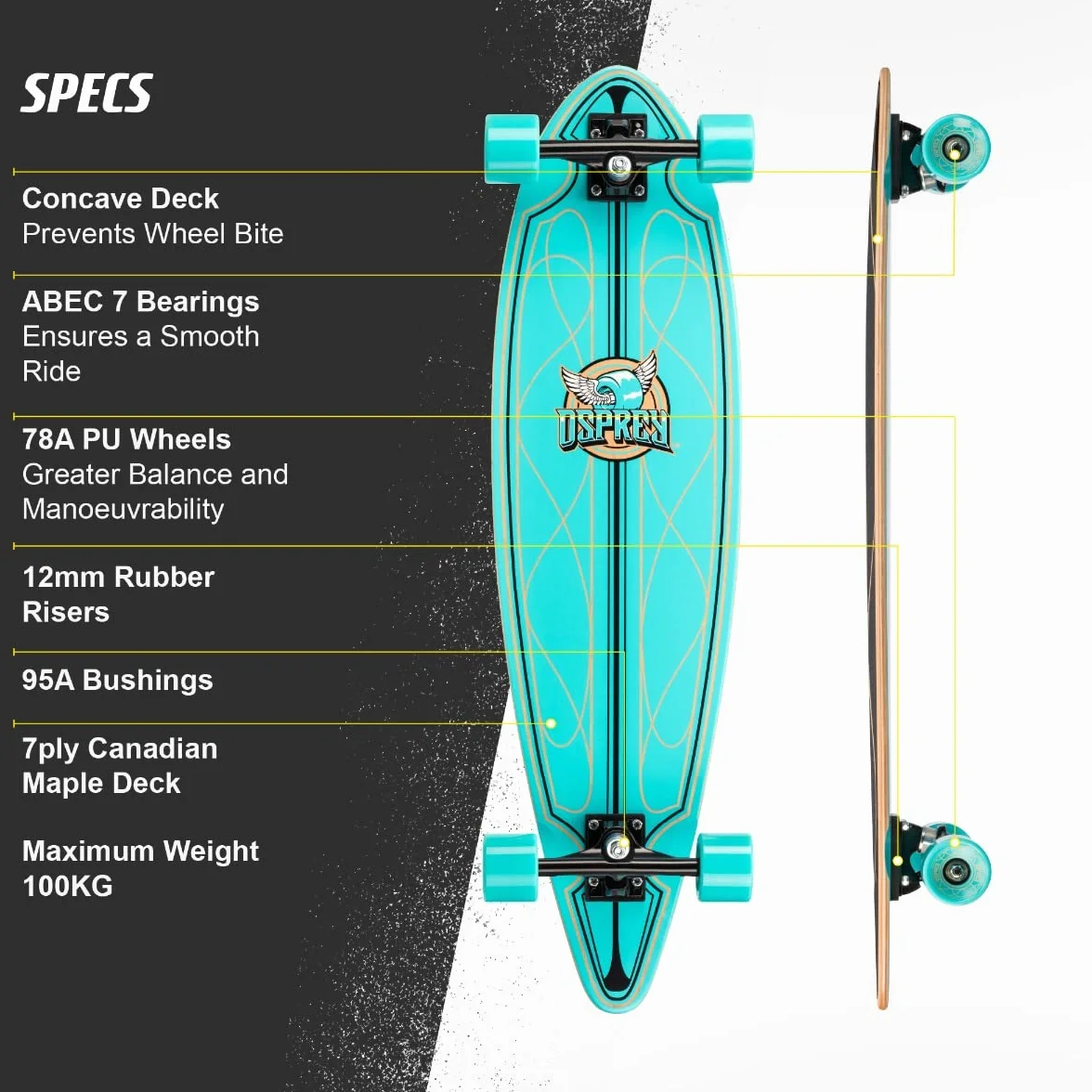 Osprey Pintail Longboard Completo 36 a 46 Pulgadas para Niños y Adultos