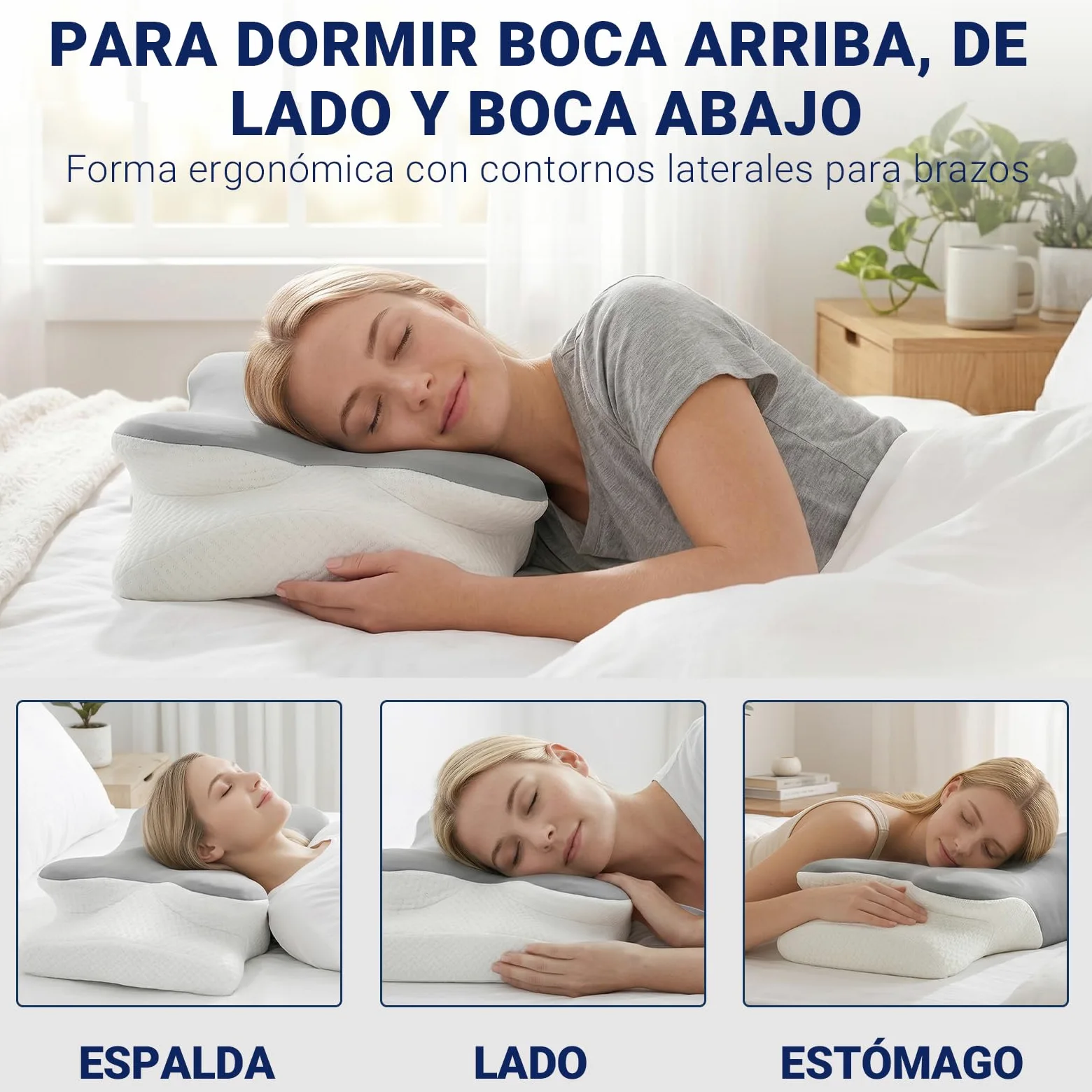 COSYLAND Almohada Cervicales y Cuello - Espuma Viscoelástica, Diseño Mariposa con Soporte Ergonómico y Transpirable, para Dormir de Lado, Boca Arriba y Boca Abajo, 63 x 34 x 11/13 cm, Gris