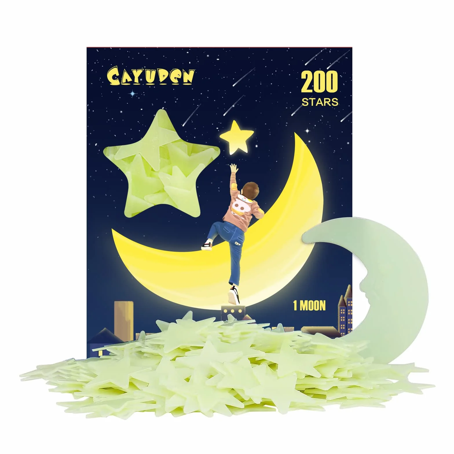 CAYUDEN 201 pcs Estrellas Fluorescentes 3D Pegatinas de Pared Infantiles con Luna