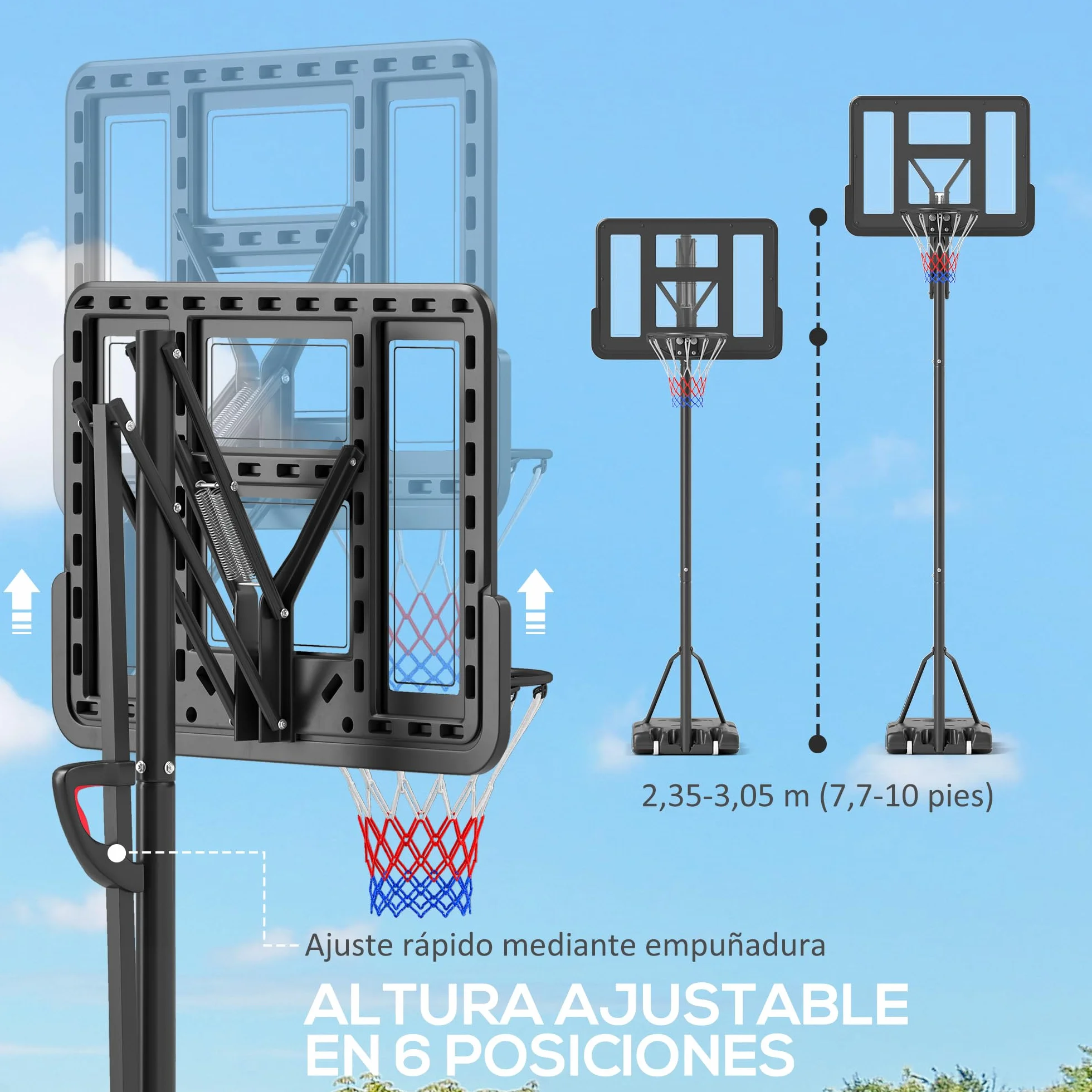 SPORTNOW Canasta de Baloncesto Ajustable 235-305 cm Exteriores Interiores Portátil con Ruedas Base Rellenable Negro