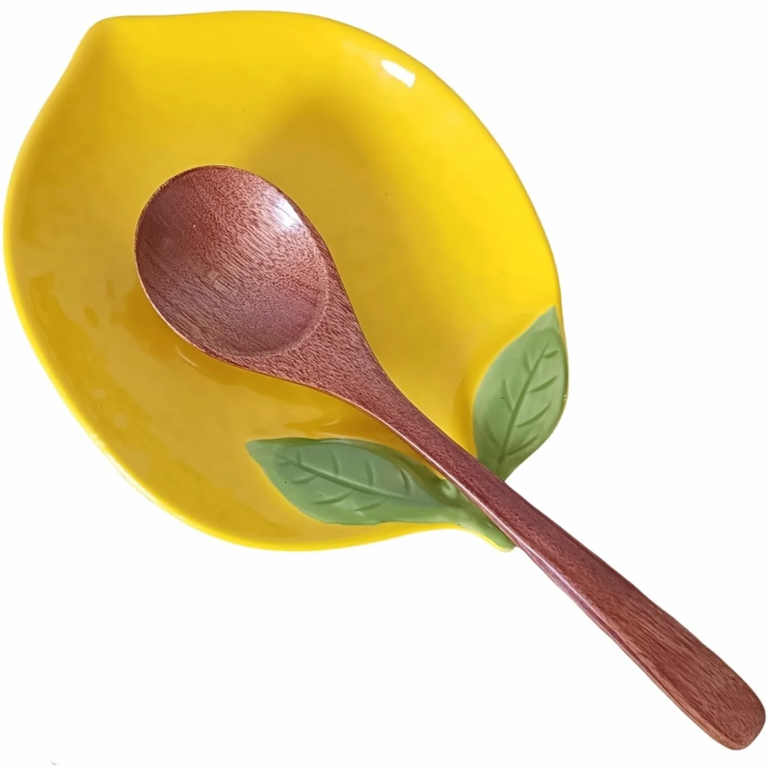 Reposa Cucharas Cocina de Cerámica con Forma de Limón,Apoya Cucharas Decorativo con Hojas Verdes,Soporte de Cuchara para Cocina o Servicio de Té,Soporte de Accesorios de Cerámica,Apto para lavavajilla