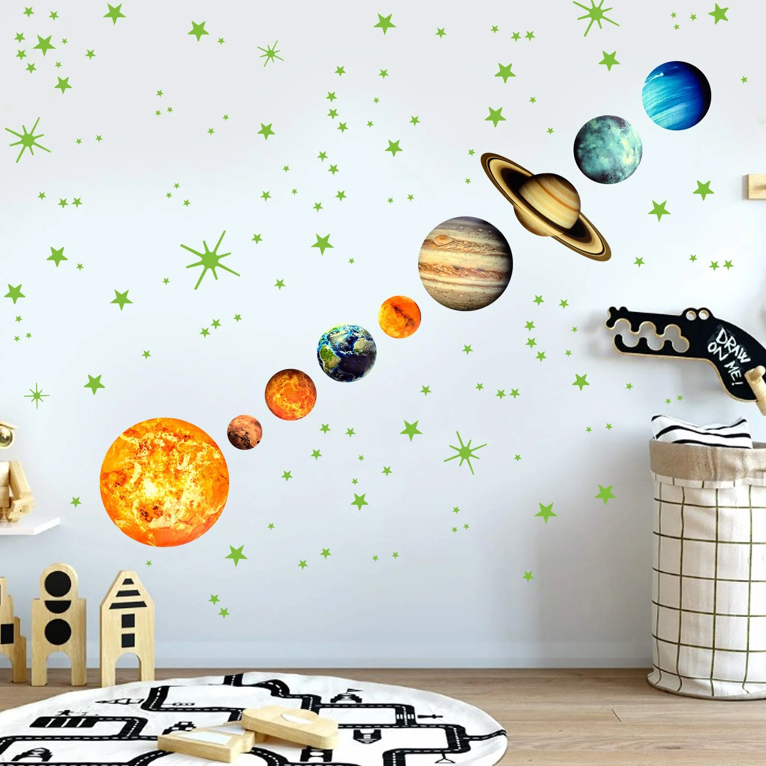 Yosemy Luminoso Pegatinas de Pared 9 Planetas Estrellas Sistema Solar Fluorescente Adhesivos Decoración Dormitorio