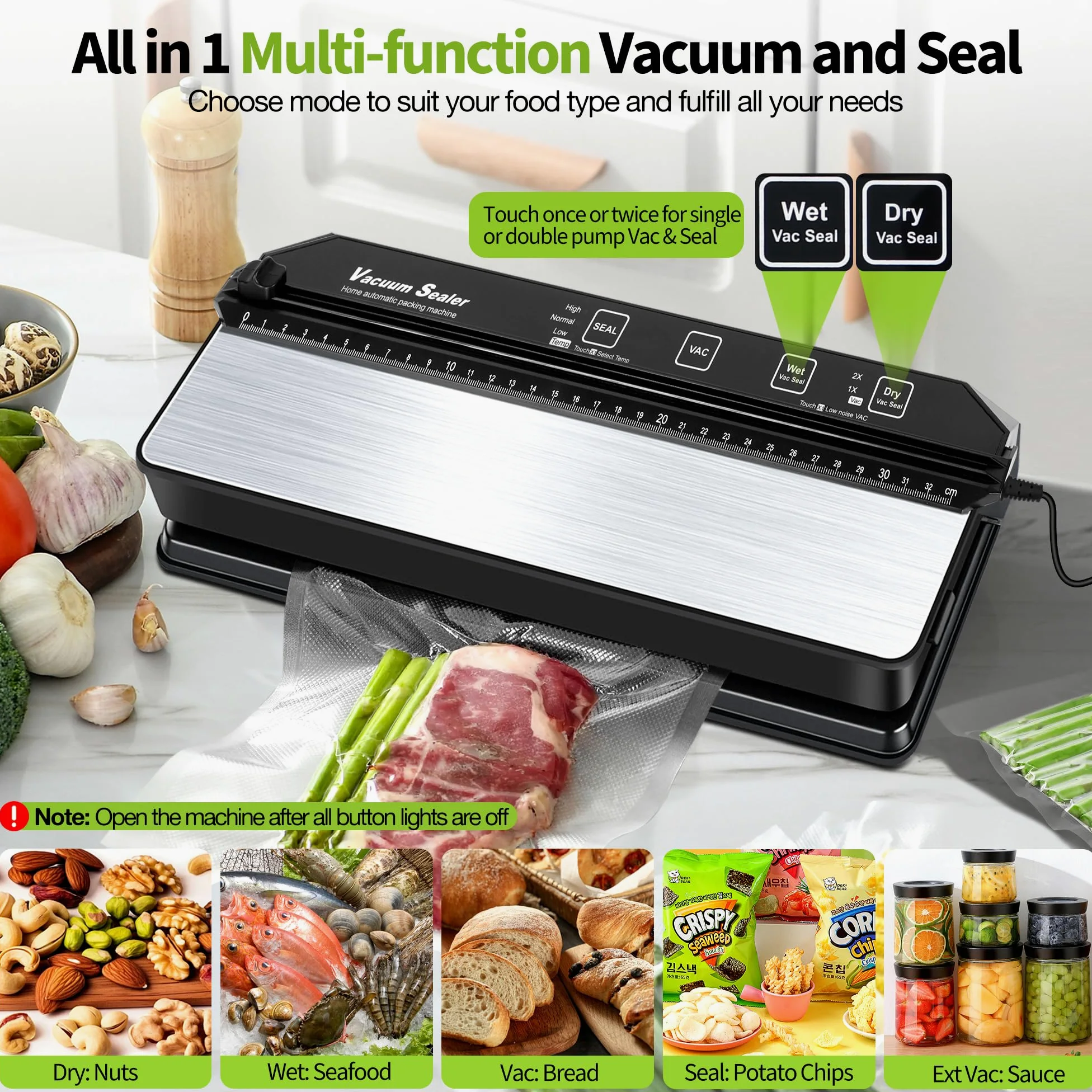 DeeprBetter Domestica Envasadora al Vacío Alimentos, 90kPa con Doble Bomba | Embasadoras Vacio Alimentos Secos&Húmedos, Todo en 1 Maquina Envasar al Vacio Alimentos con 13mm Sellado Ampliado, 15 Bolsas