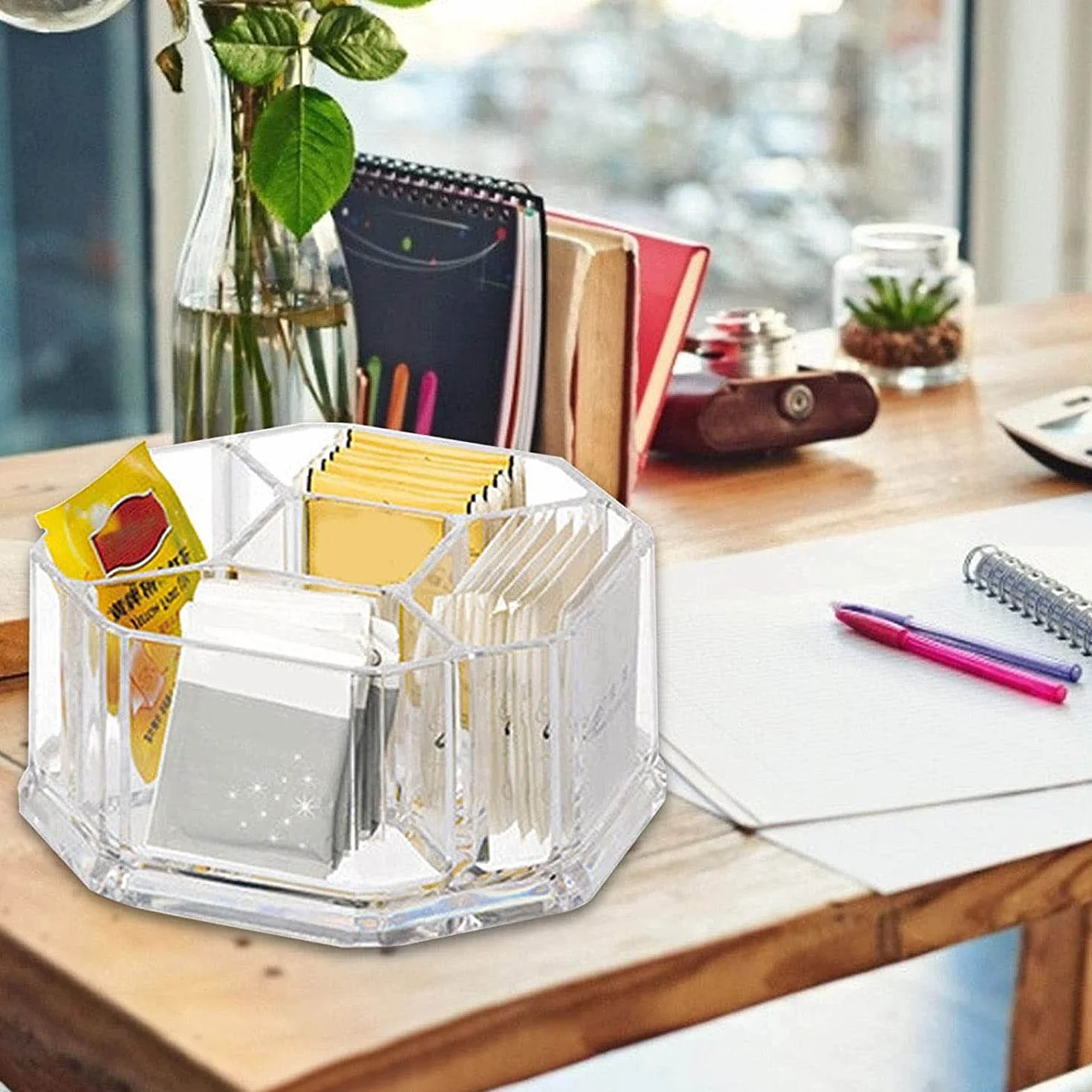 Acrílico soporte para bolsas de té, café y azúcar cajas de almacenamiento de bolsa caso habitaciones, acrílico, transparente, L16*W16*H8cm- 5 compartimento YTBH-002