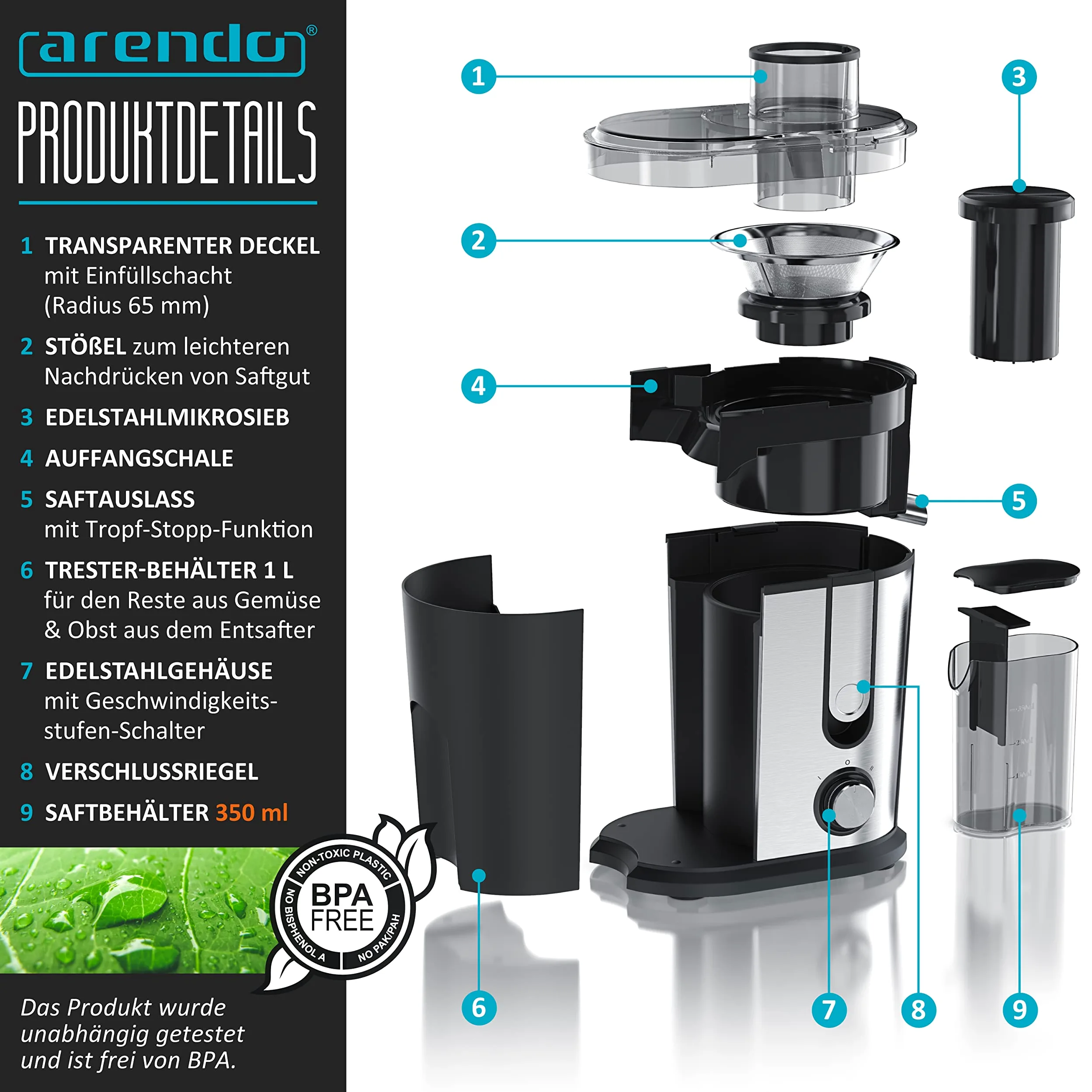 arendo - Exprimidor de Frutas y Verduras en Acero Inoxidable, Extractor centrífugo de zumos, eléctrico, con 2 velocidades, protección contra sobrecalentamiento, Carcasa de Acero Inoxidable, sin BPA