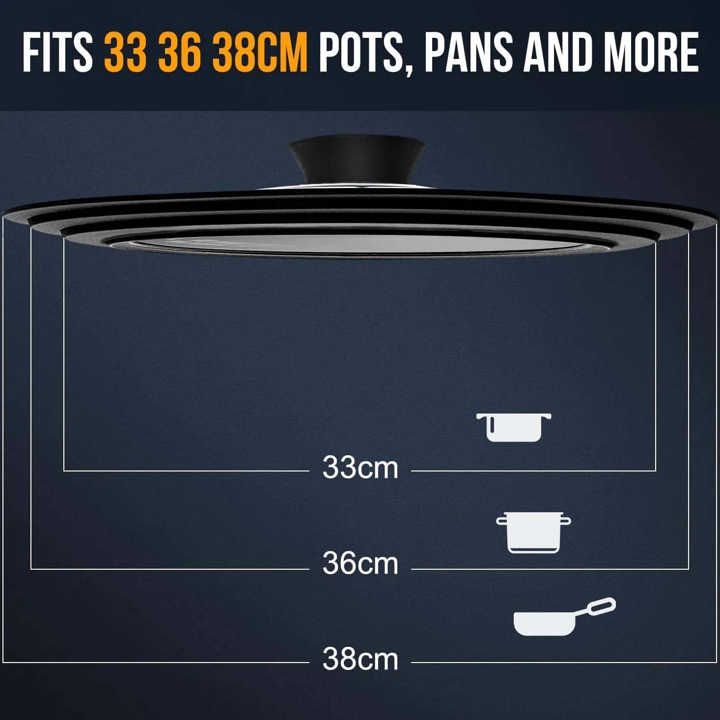 Walfos Tapa universal para ollas, sartenes y sartenes. Se adapta a utensilios de cocina de 33 cm, 36 cm y 38 cm de diámetro, tapa de vidrio con borde de silicona resistente al calor, (negro)