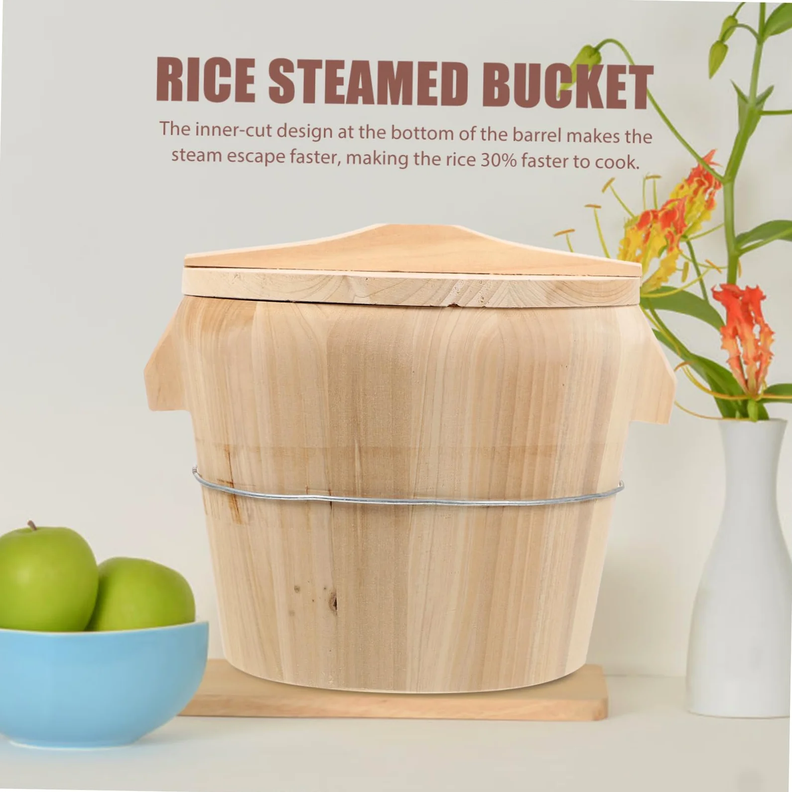 Cubo de Arroz al Vapor de Madera Natural para Restauración y Hogar | Madera Natural, Diseño de Fondo Móvil, Limpieza Sencilla, para Cocina al Vapor, Restauración y Hogar Doméstico