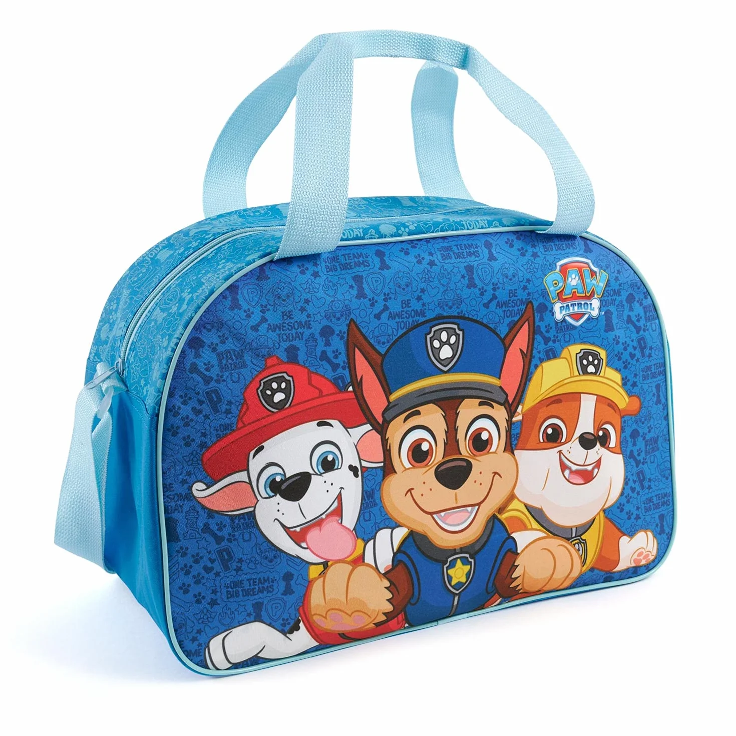 PERLETTI Bolsa Deporte Infantil Niño Paw Patrol con Bandolera - Bolso Deportivo para Niños Viajes y Tiempo Libre con Estampa Chase Marshall y Rubble - Mochila Gimnasio para Pequeños Azul - 28x41.5x21