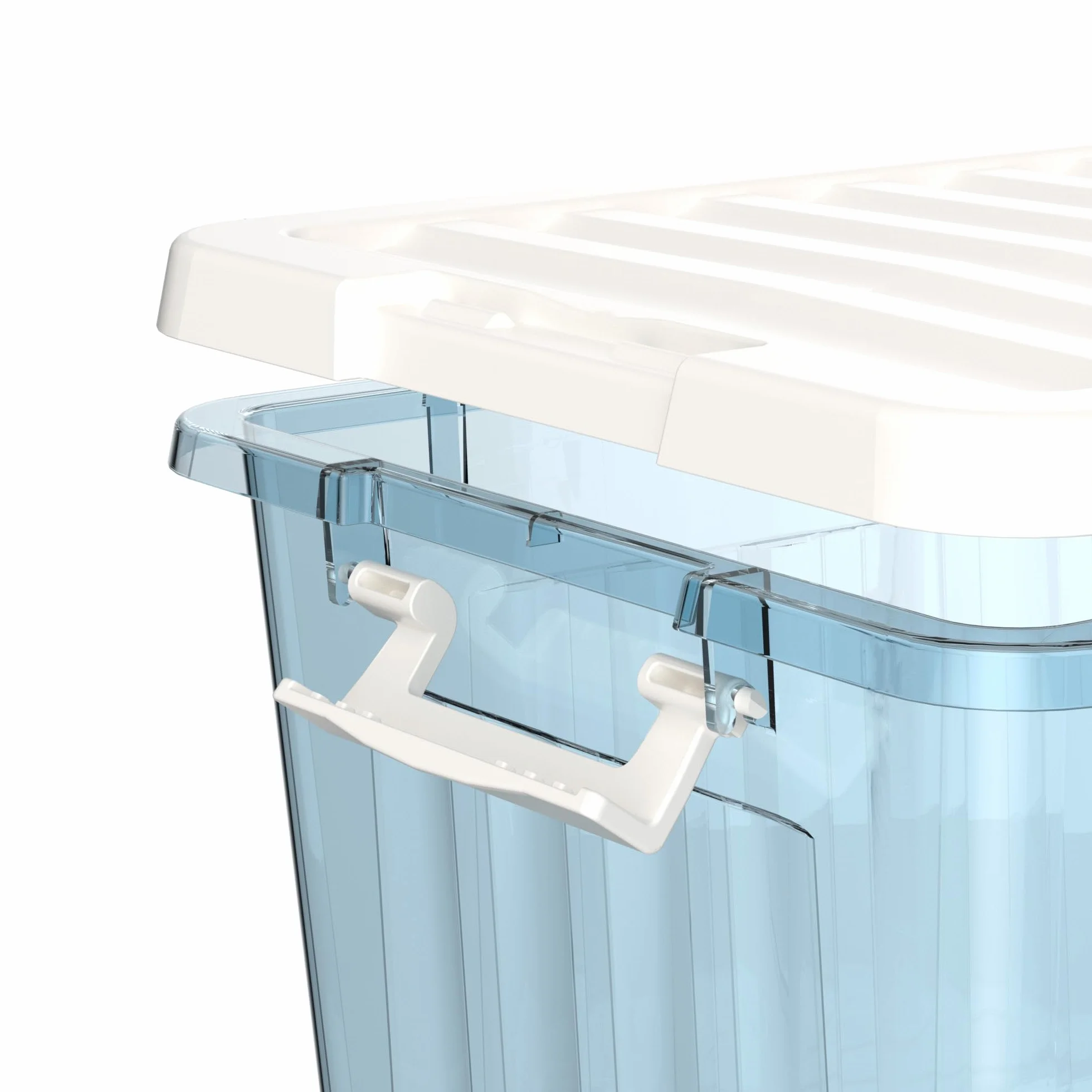 Cetomo 15L*3 Cajas de Almacenamiento con Tapas, Contenedores de Plástico con Broches de Enganche, Clip On, Apilables, Encajables, Organizador Rayado para Ropa Juguetes Armario, Azul Claro, 15L-3 Pack
