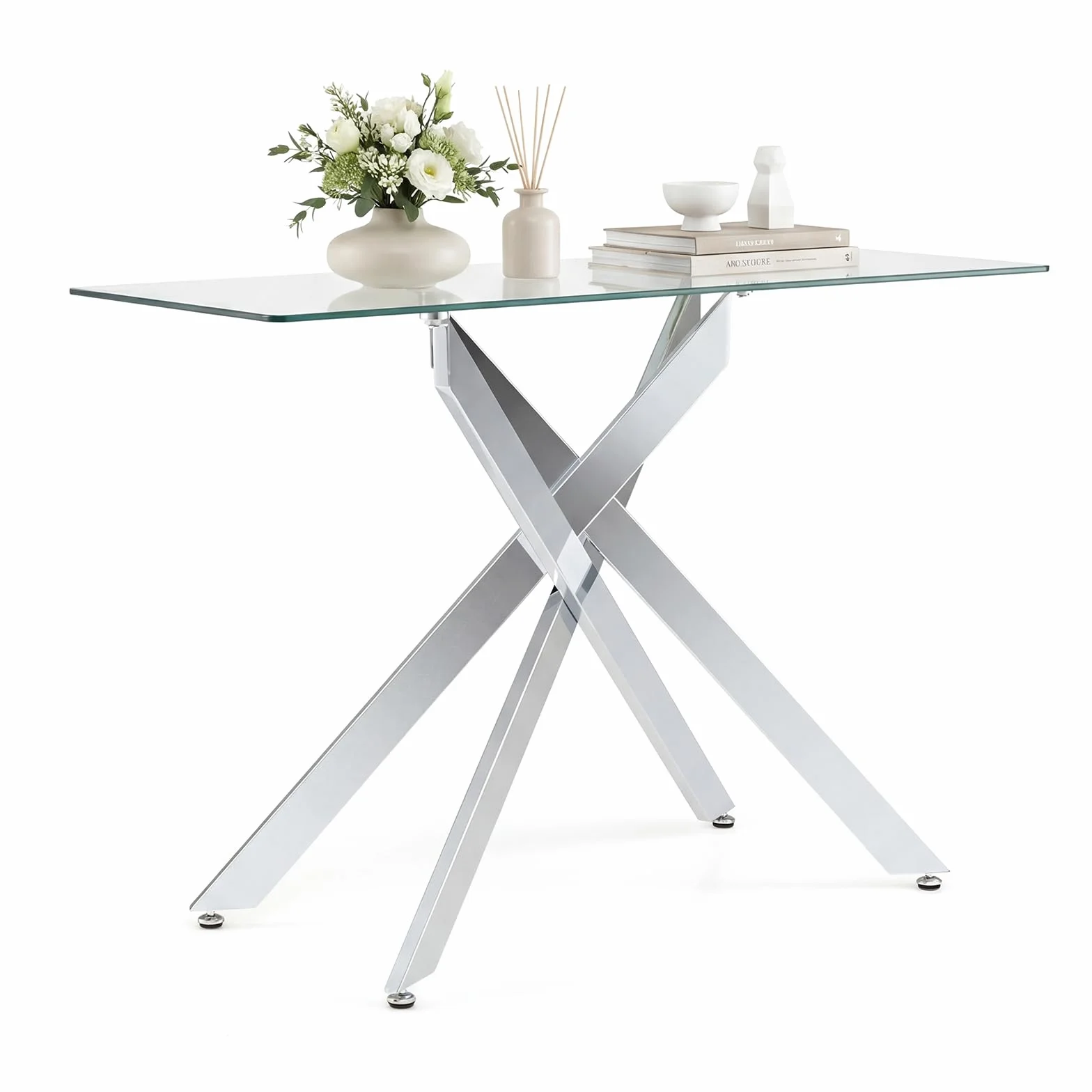 COSTWAY Mesa Consola de Cristal, Mesa de Entrada con Tablero de Cristal Templado y Patas Tubulares de Metal, Mesita Ayxiliar para Salón Pasillo Entrada, 115 x 45 x 78 cm (Plata)