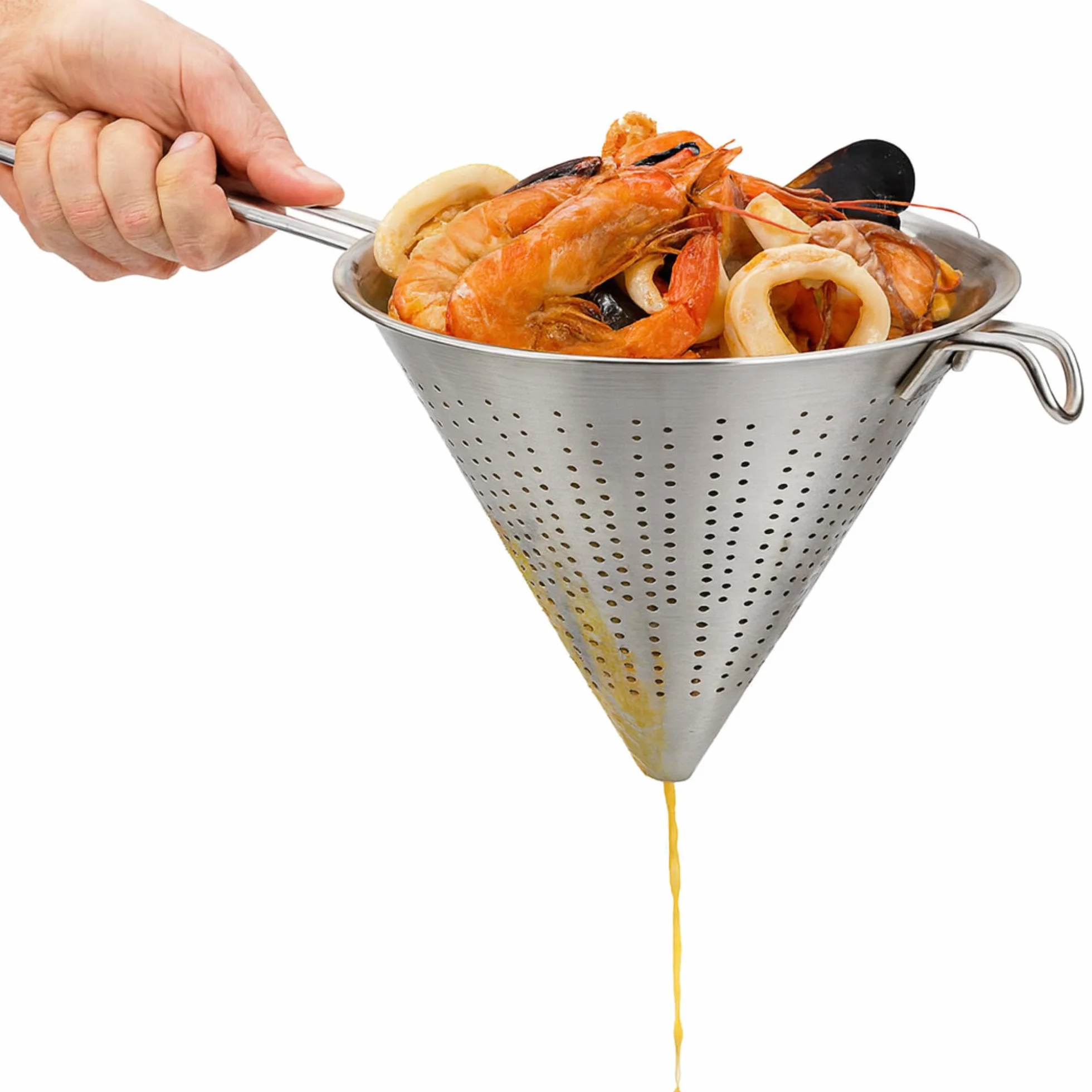 Colador Chino de Cocina, Colador forma cónica, colador Chino, Escurridor de Acero, Apto para para Pasta, Verduras, Frutas y Arroz, Acero inoxidable, Incluye 1 gancho de sujección, Diámetro 20 cm