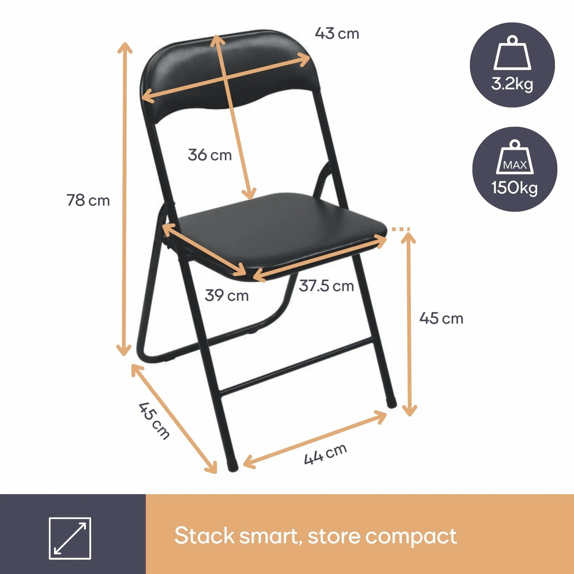 Velleman FP168B - Silla plegable, 38 x 43 x 78 cm, Negro