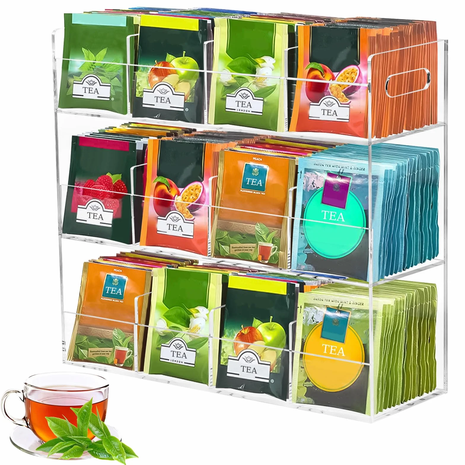 Organizador Infusiones de Acrílico, Caja Infusiones Vertical con 12 Compartimentos para 216 Bolsas de Té, Estante de Té Contenedores para Paquetes de té, Café, Azúcar