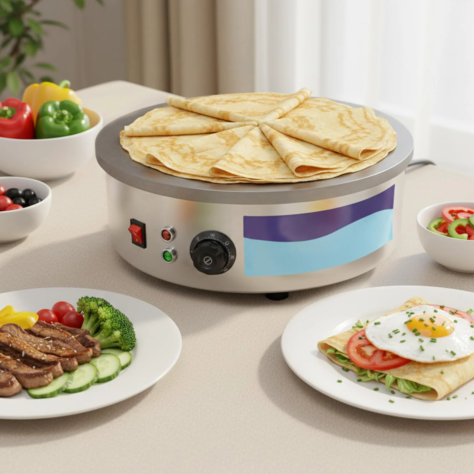 45 cm Crepes eléctrico 3000 W Gastro – Plancha profesional de hierro fundido para crepes Gözleme, Yufka & Pancakes – Máquina para crepes 50 – 300 °C, con espátula y distribuidor