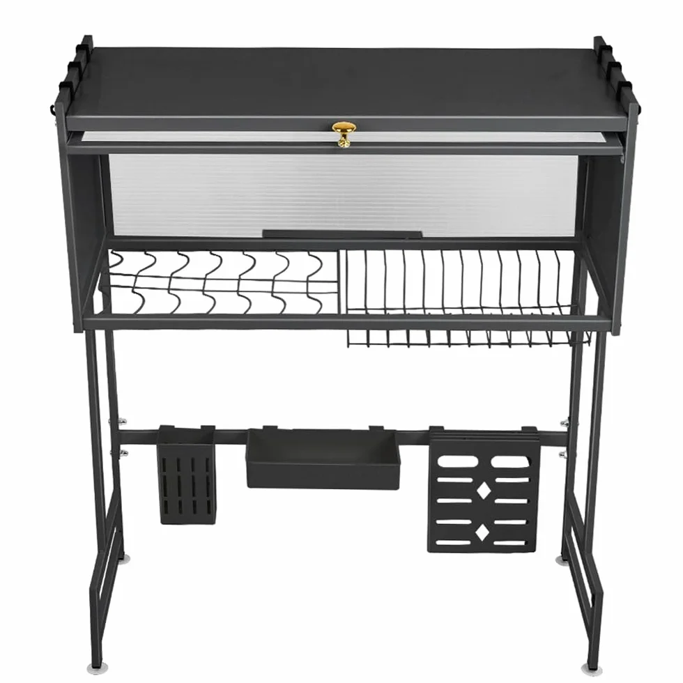 Escurridor sobre fregadero de 3 niveles con 6 ganchos para secadora de platos y escurridores de platos en fregadero organizador de cocina para escurrir platos, frutas y verduras (65 x 28 x 77