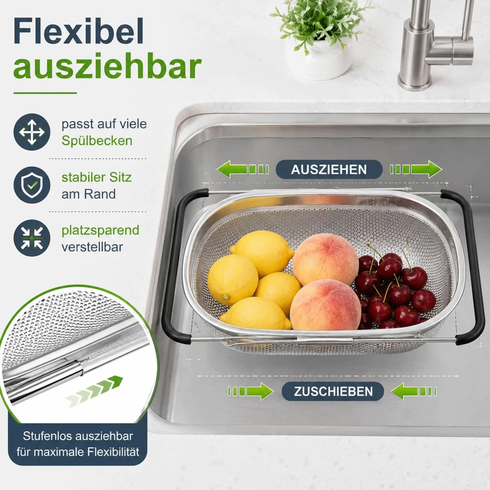 Colador de cocina extensible 27 x 18 x 11,5 cm (27 x 18 x 11,5 cm), colador de acero inoxidable para escurrir, lavar frutas y verduras