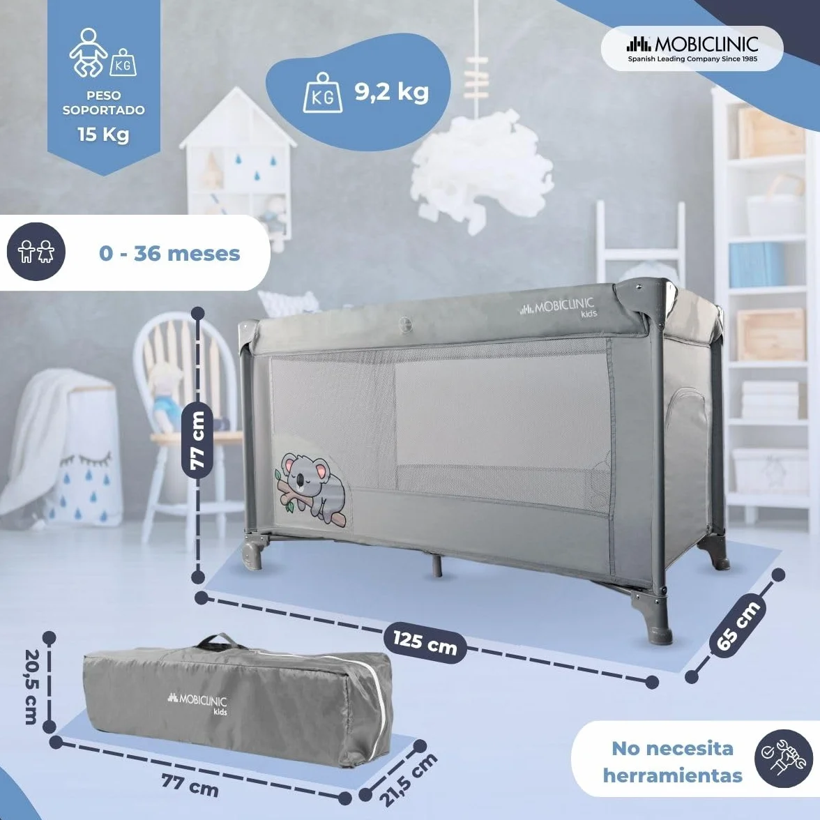 Mobiclinic Cuna de Viaje Bolsa Transporte 2 en 1 Plegado ultracompacto Colchón extraíble hasta 15kg Tela Transpirable Entrada Lateral con Cremallera Parque bebé Ruedas Gris