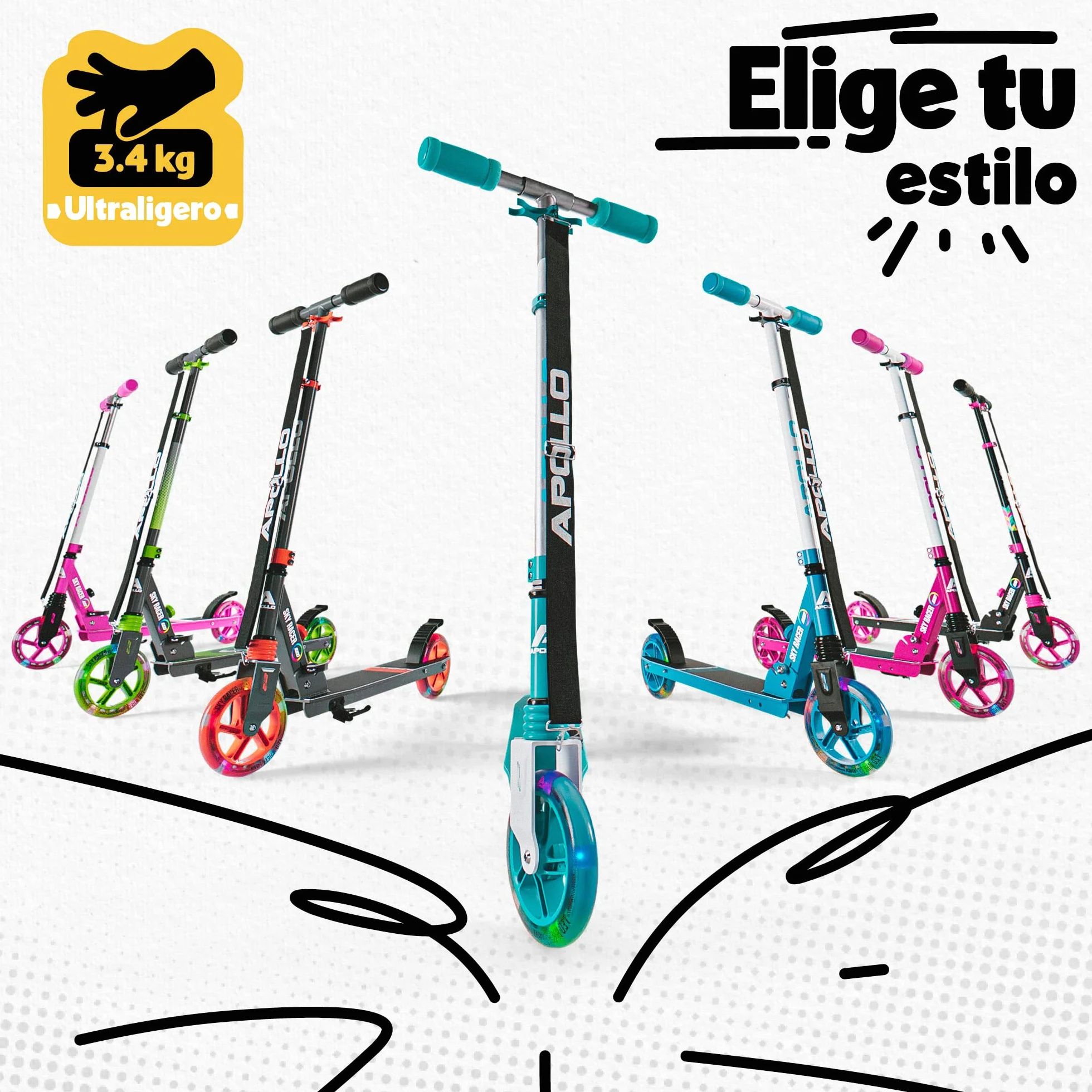 Apollo Skyracer Patinete Niño Ruedas LED 145 mm Suspensión Plegable Regulable Altura