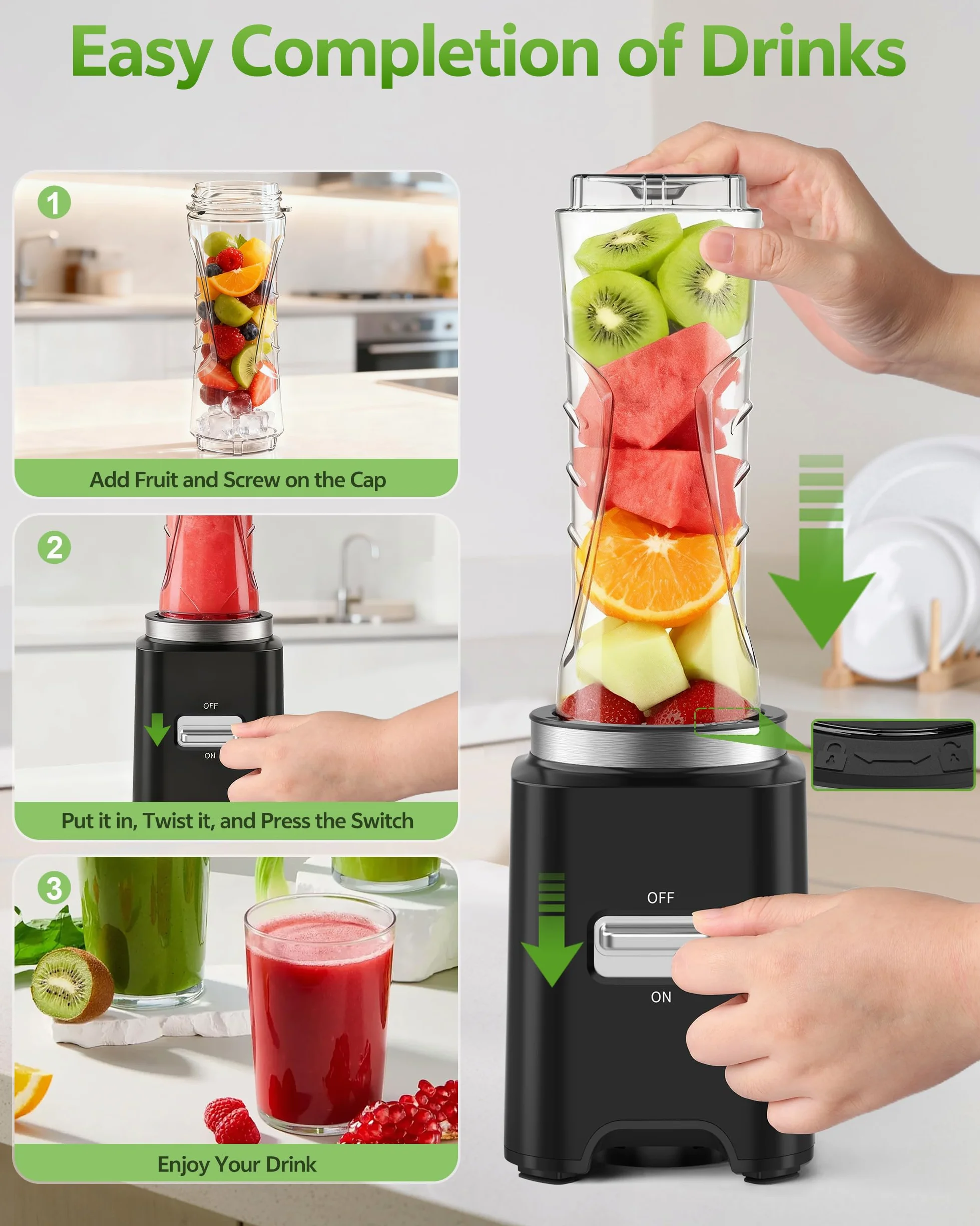 500W Batidora de Vaso,Batidora Portatil con 2 Botellas 600ml sin BPA,4 Cuchillas Inox,22000 rpm,Batidora Smoothies,Smoothie Blender, Mini Licuadora,Portable Blender,Mini Batidora Portatil