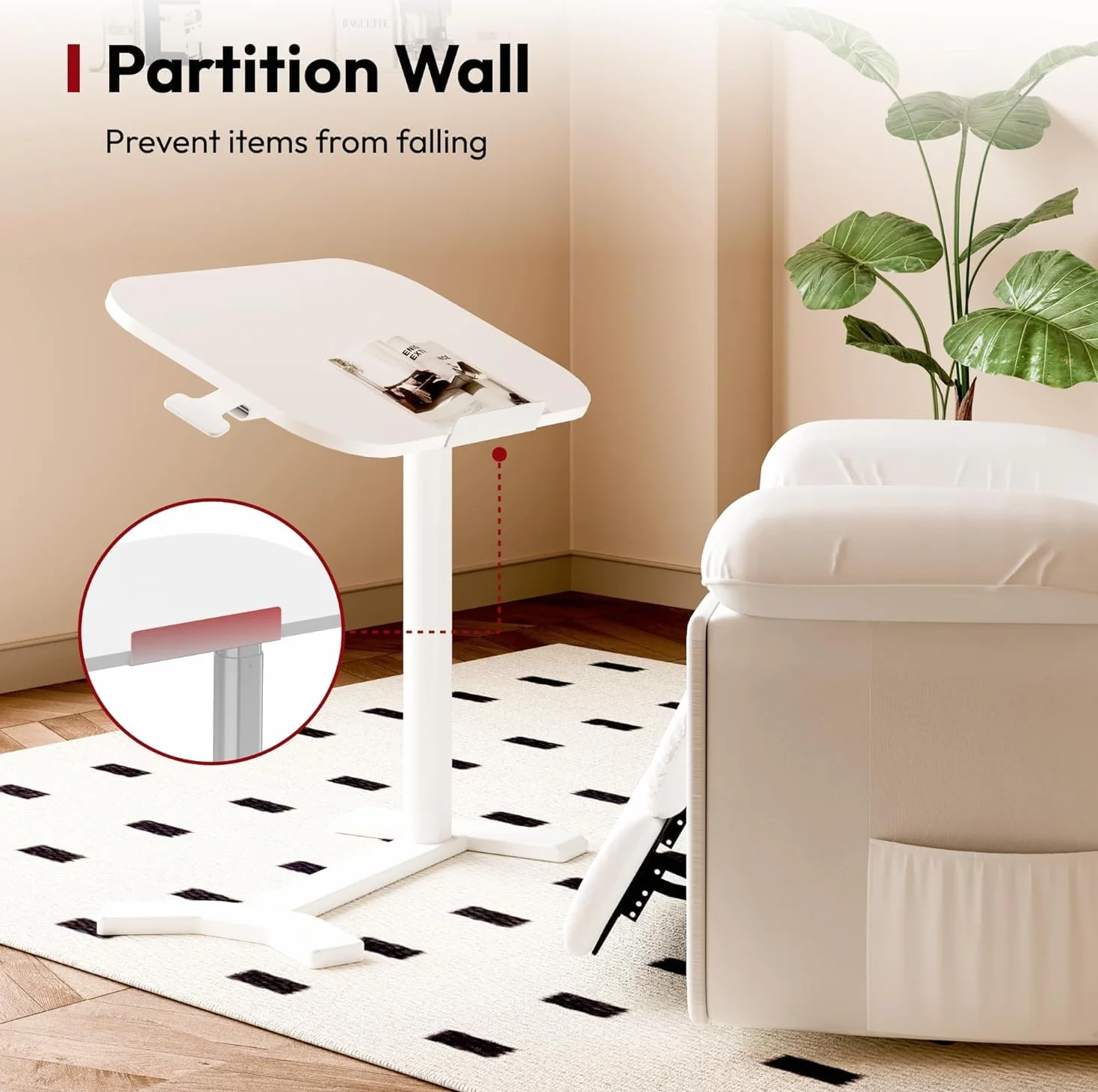 SANODESK Mesa Auxiliar con Ruedas para Ordenador, Altura Ajustable, con Soporte para Bebidas, para Cama y Sofá, Móvil y Multifuncional, Color Blanco