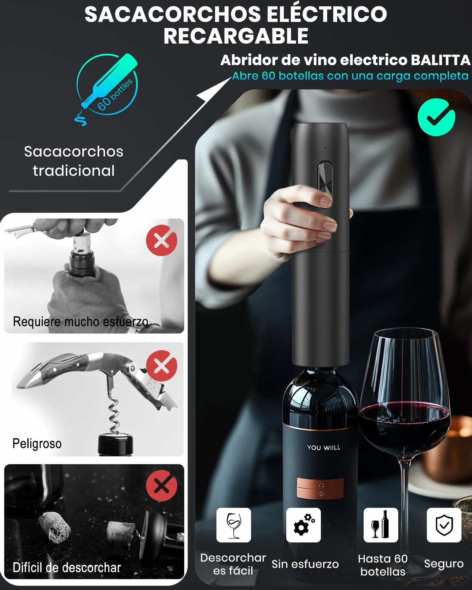 Sacacorchos eléctrico recargable con base de carga, abridor de vino electrico 6 en 1 juego regalo cumpleaños abrebotellas con vertedor aireador, tapón de vino al vacío, cortador láminas y cable USB