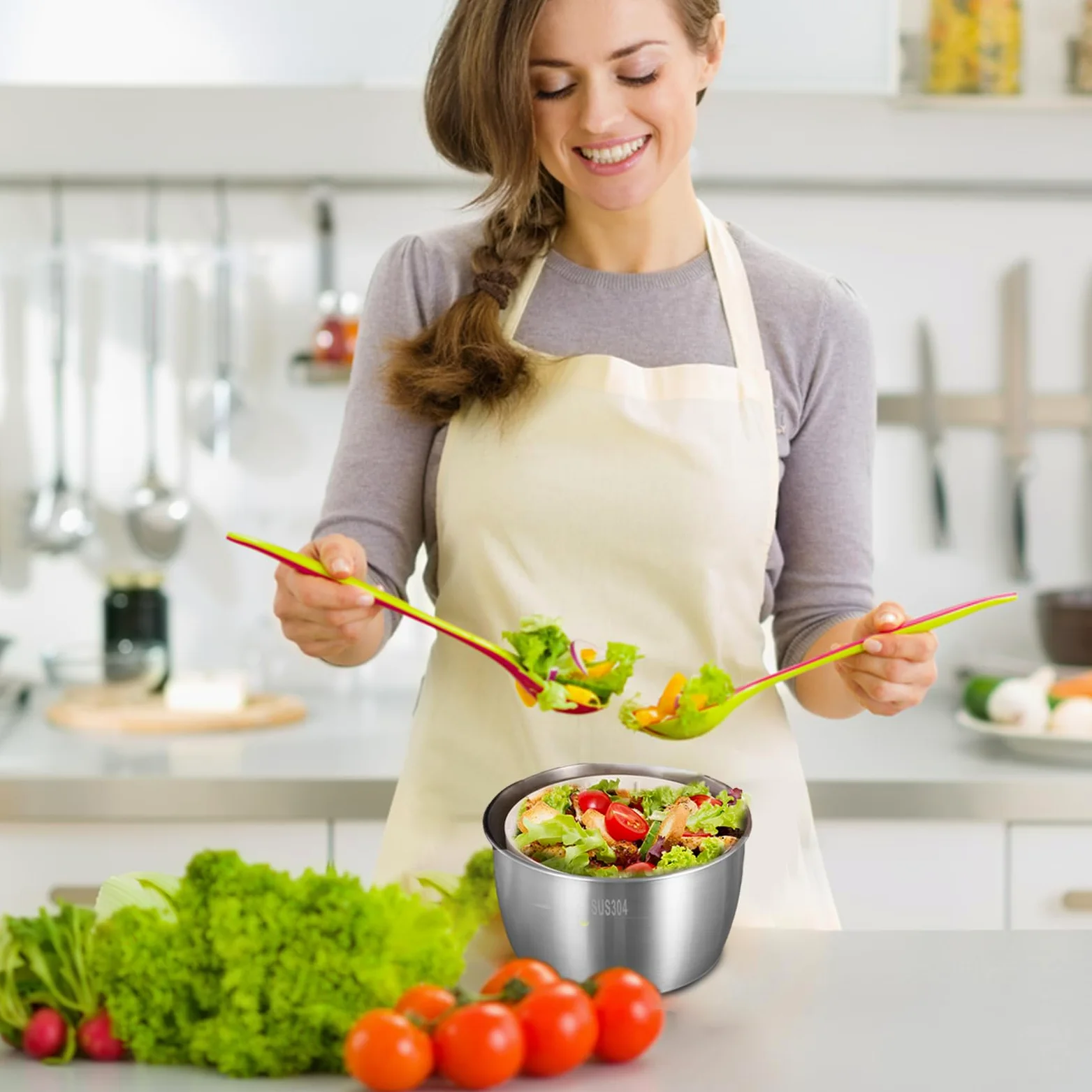 Secador de frutas, secador de ensalada, lechuga, fruta, verduras con mango | giratorio, acero inoxidable, utensilios de cocina