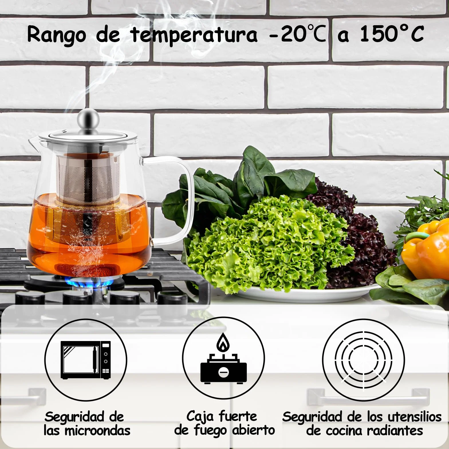 Tetera Borosilicato 750 ml Con Infusor y Colador De Acero Inoxidable, Para Estufa, Té De Hojas Sueltas, Hierbas y Frutas