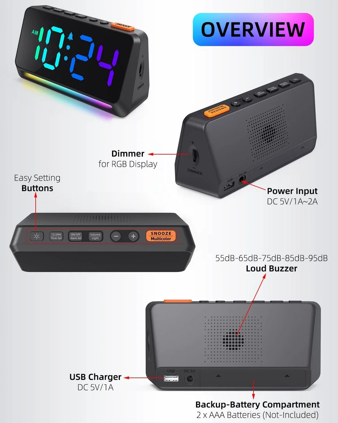 Despertador digital con números grandes, despertador digital con pantalla RGB, reloj digital extra con brillo ajustable, alarma fuerte, despertador enchufable con luz nocturna, puerto de carga
