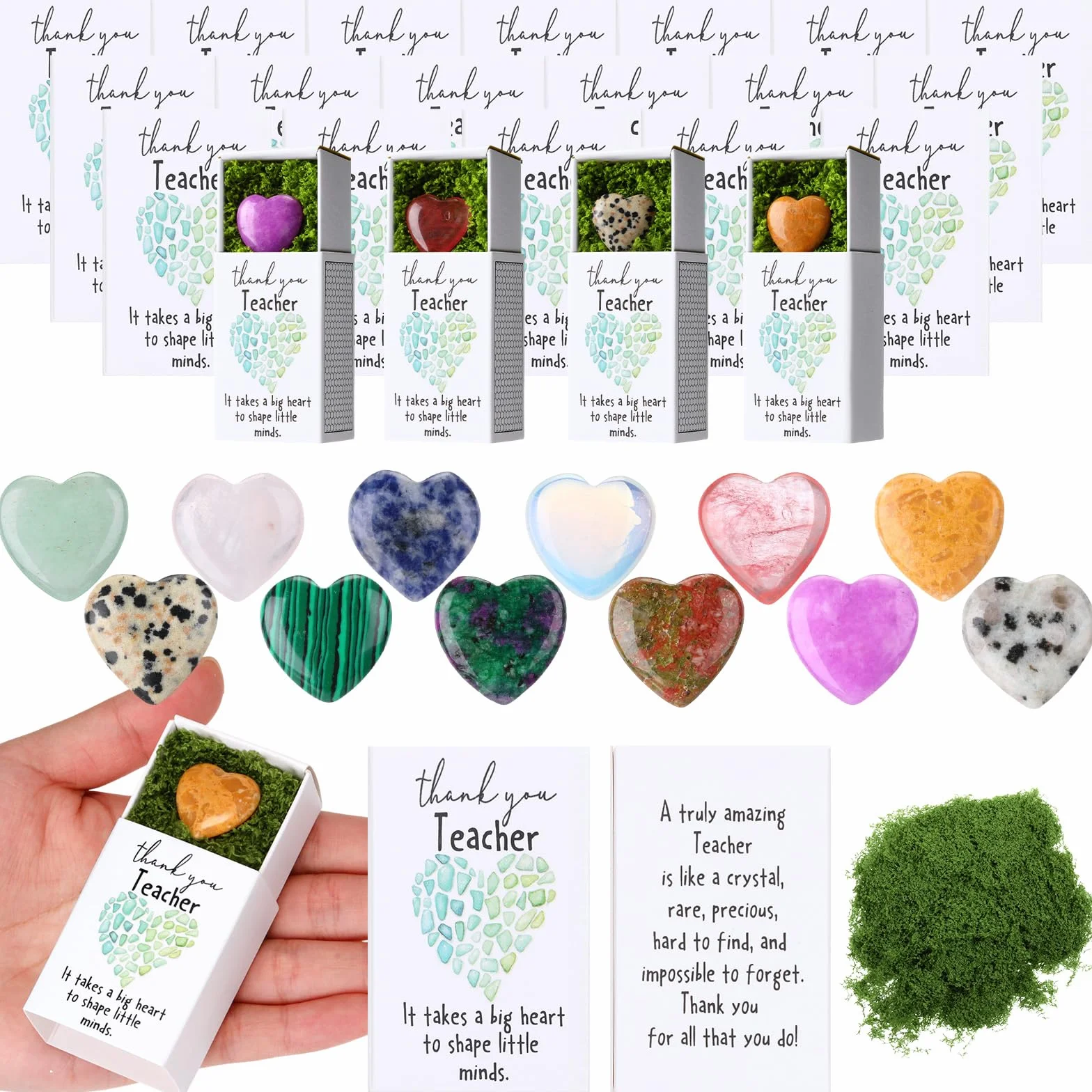 Motipuns 12 juegos de regalos de agradecimiento para profesores, piedras de cristal de musgo verde, regalos de agradecimiento a granel para mujeres, hombres, regalos de agradecimiento para empleados,
