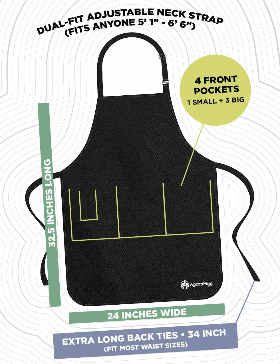 ApronMen Delantal de parrilla de barbacoa (licencia para parrilla) con poliéster, 4 bolsillos utilitarios, cuello ajustable y tiras de cintura extra largas