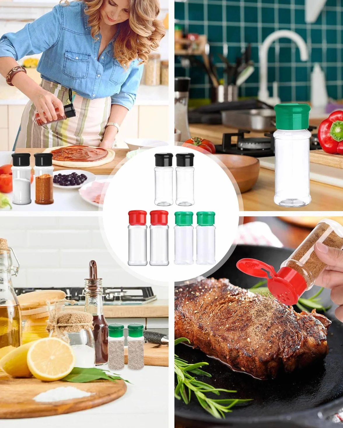 6 piezas tarros vacíos de plástico para especias con tapas agitadoras, recipientes de condimentos de 100 ml, botellas redondas vacías de especias para almacenamiento, botellas transparentes