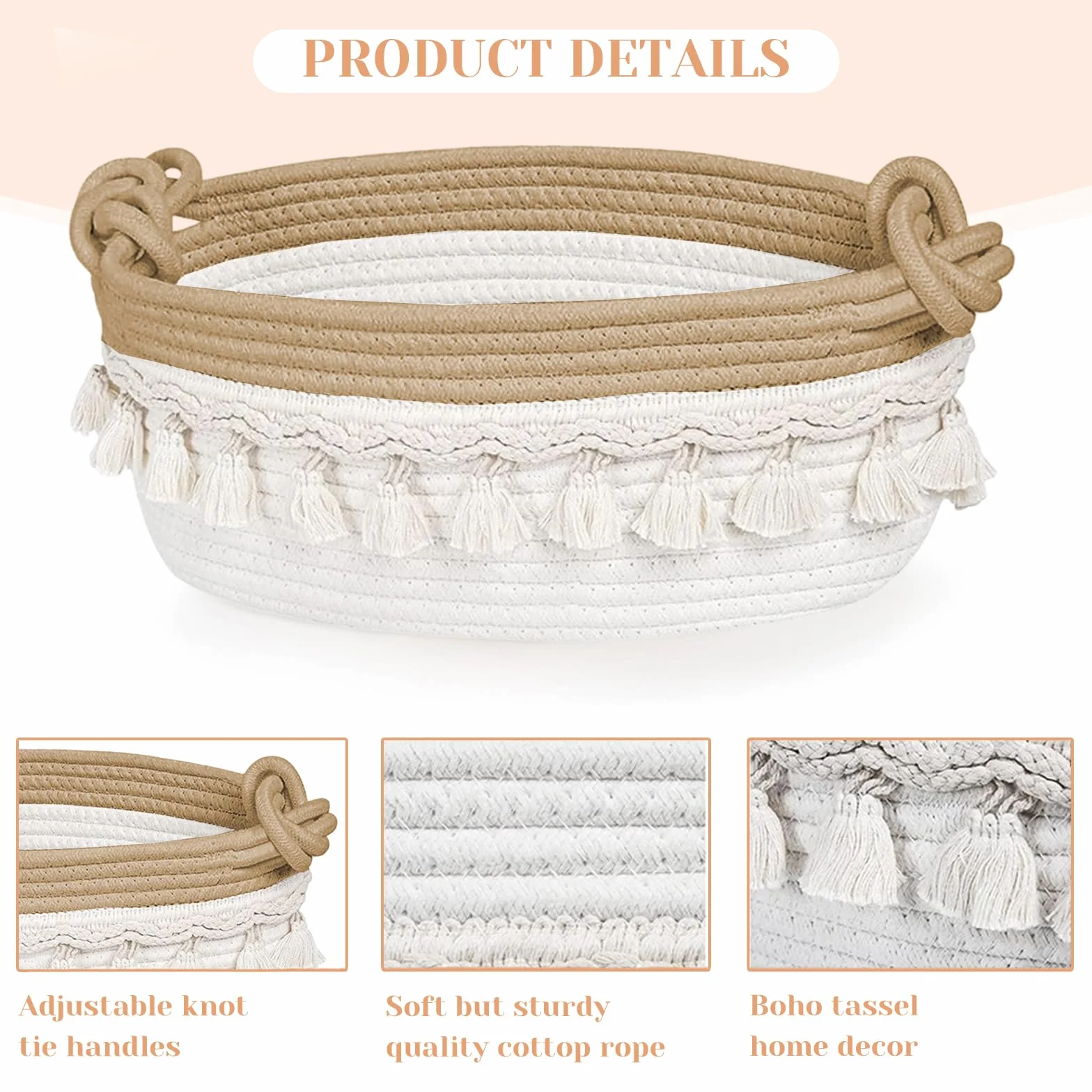 Cesta de Regalo Vacía Pequeña Tejida de Hilo de Algodón Blanca Decorativa Redonda
