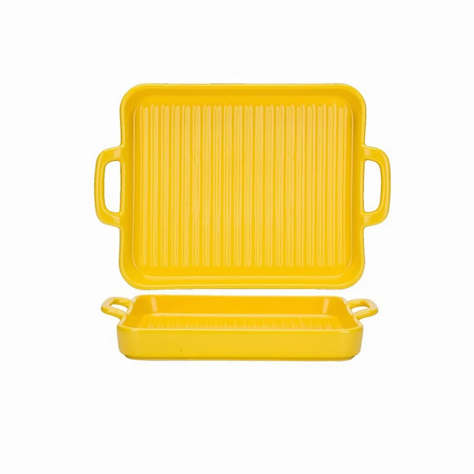 Fuente para Hornear Cerámica de 2 piezas Cerámica, pan para hornear, plato de hornear rectangular con doble manija, plato para hornear para cena de pastel, cocina, series de textura, 9.5 / 10 pulgadas
