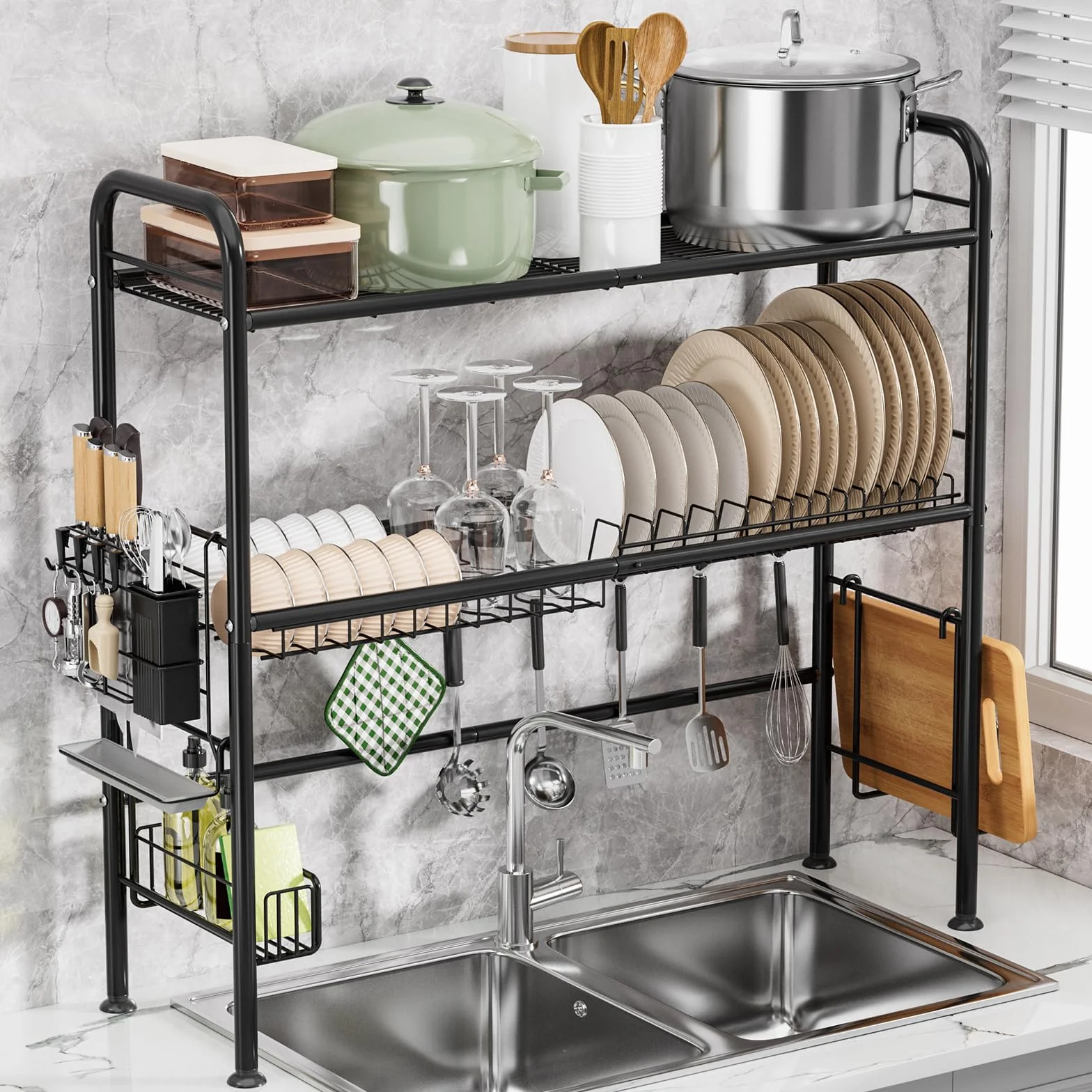 GAOKASE Escurreplatos grande sobre el fregadero, estante de 2 niveles con soporte para utensilios, escurridor de platos para encimera de cocina, organizador de cocina de metal (apto para fregadero ≤